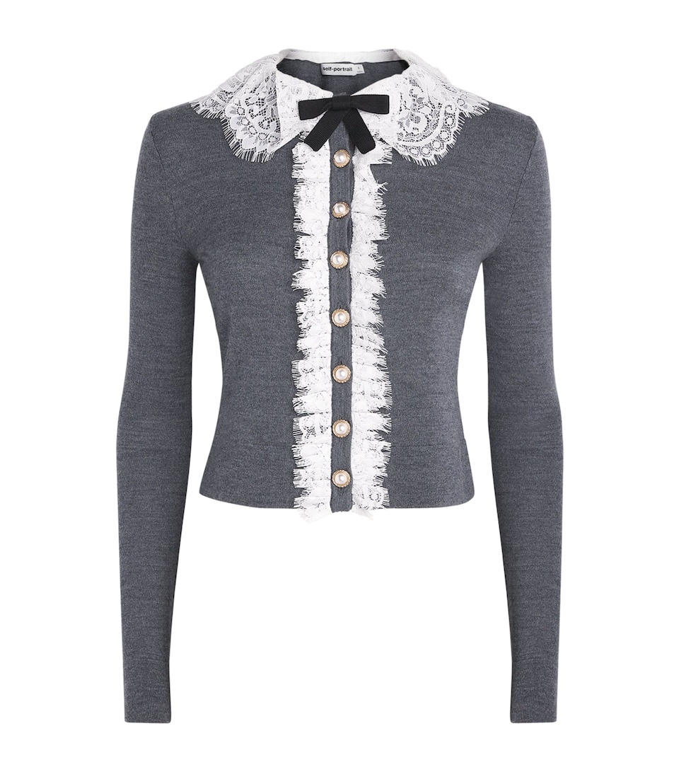 Self-Portrait Womens Wool Lace-Collar Cardigan Grey