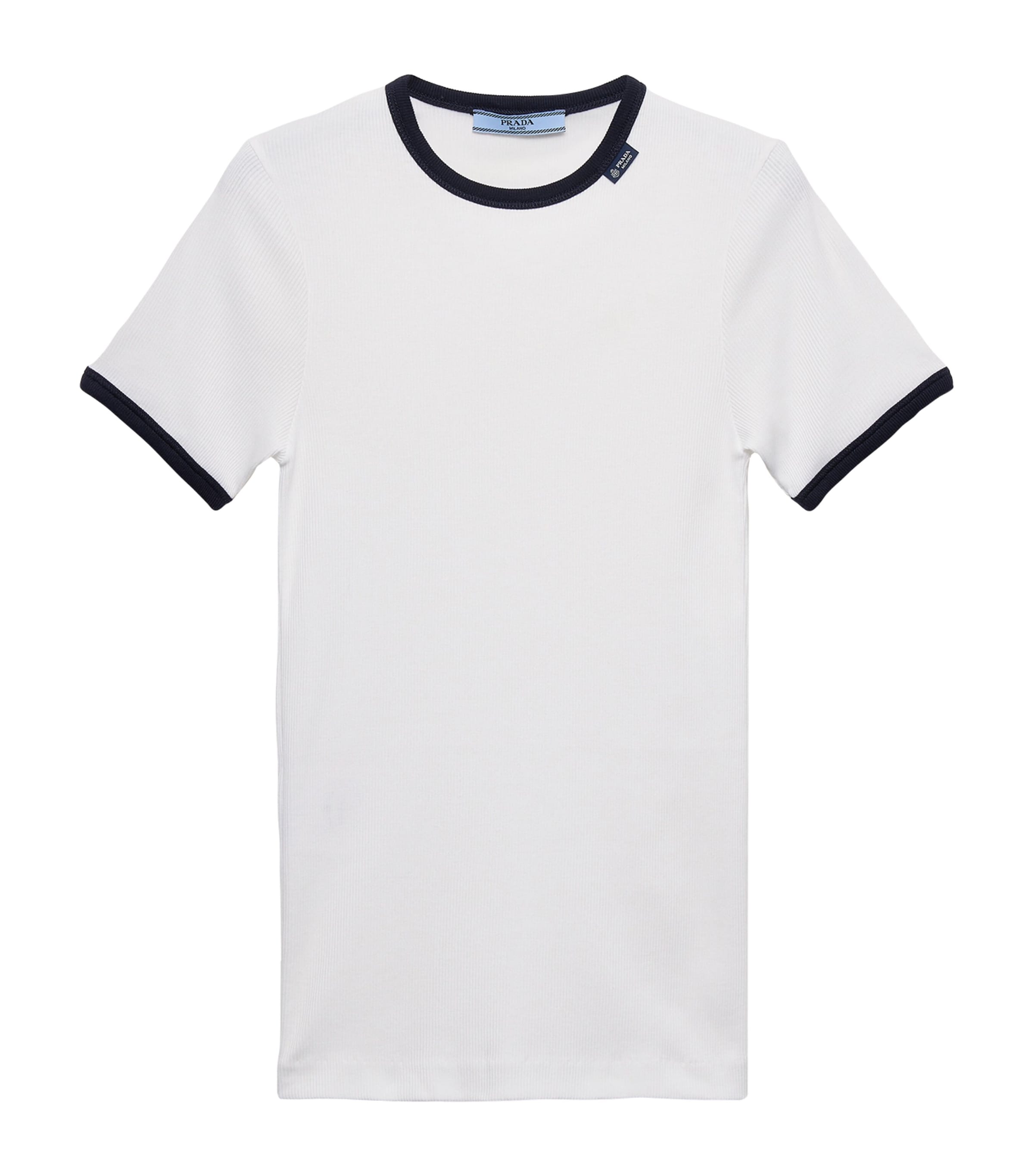 Prada Womens Contrast-Trim Ribbed T-Shirt White