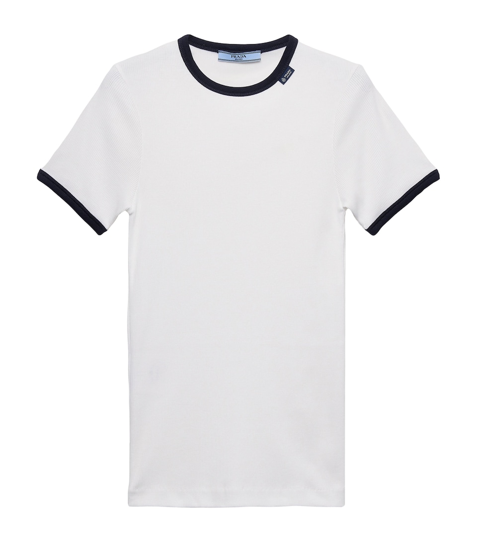 Prada Womens Contrast-Trim Ribbed T-Shirt White