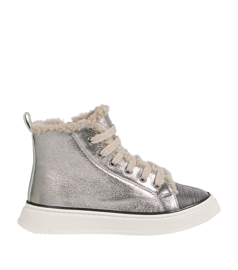 Brunello Cucinelli Kids Leather-Lamé Sneakers