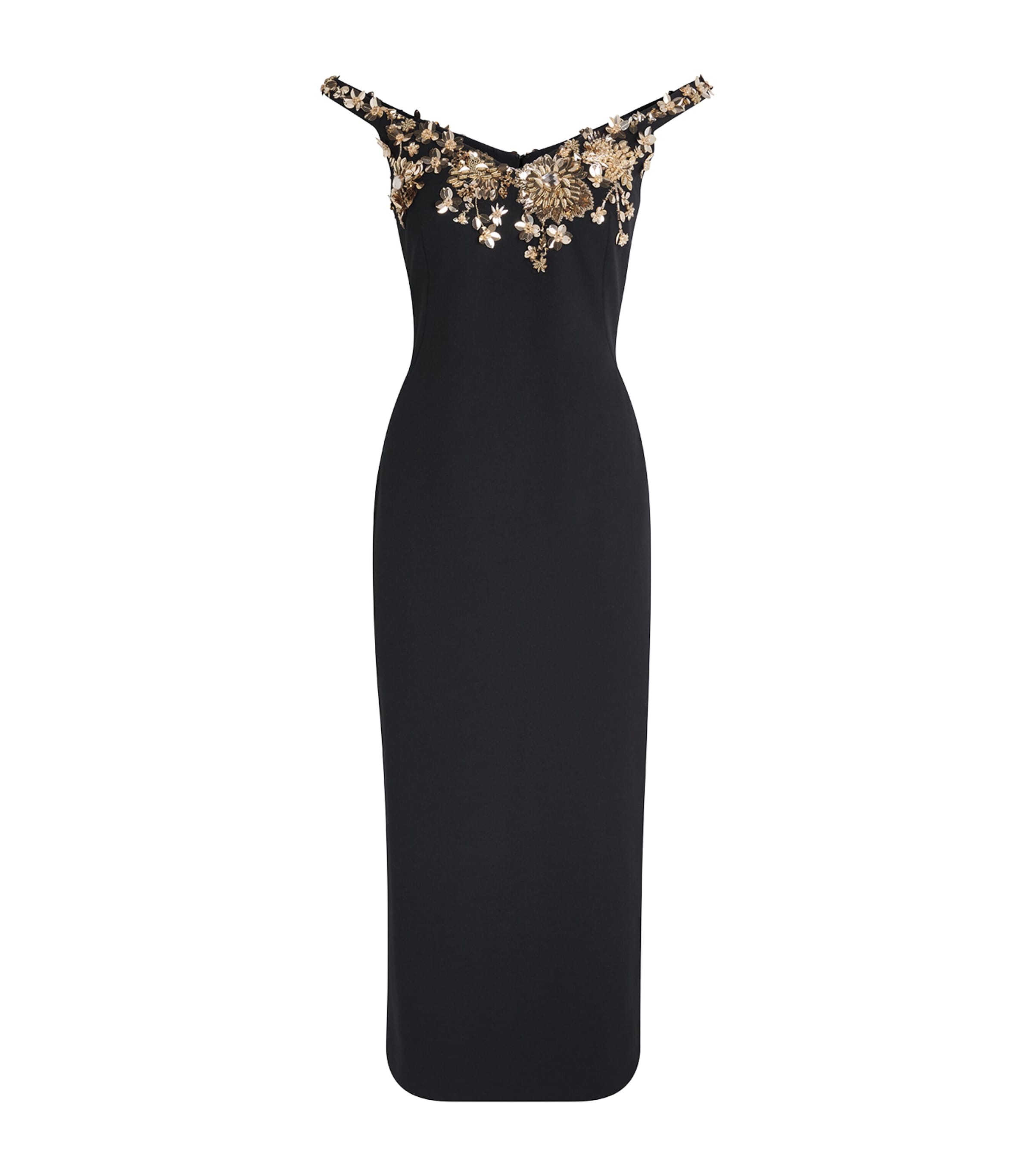 Pamella Roland Womens Embellished Off-The-Shoulder Midi Dress Black/gold