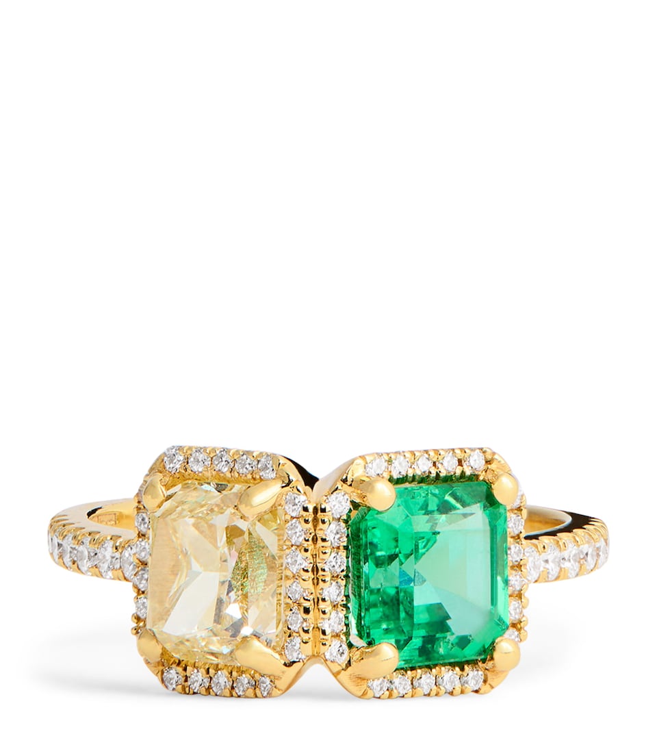 Yellow Gold Toi et Moi Diamond and Emerald Ring