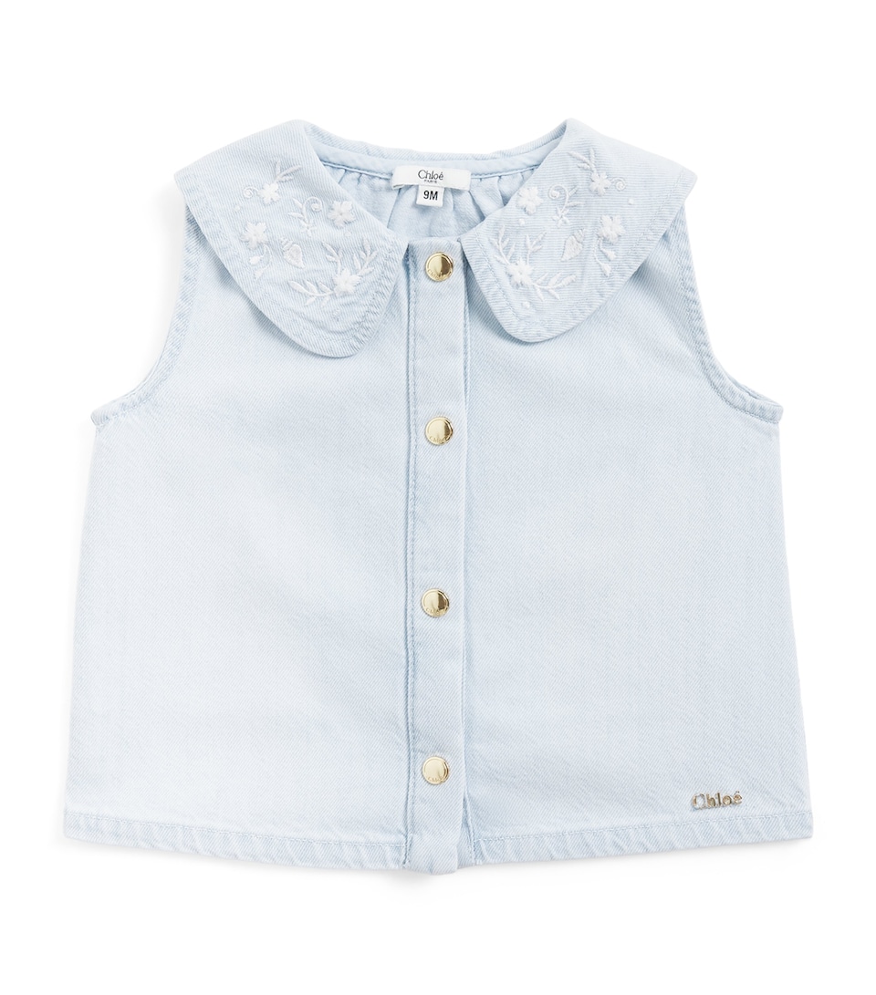Chloé Kids Denim Embroidered Top (18 Months-3 Years)