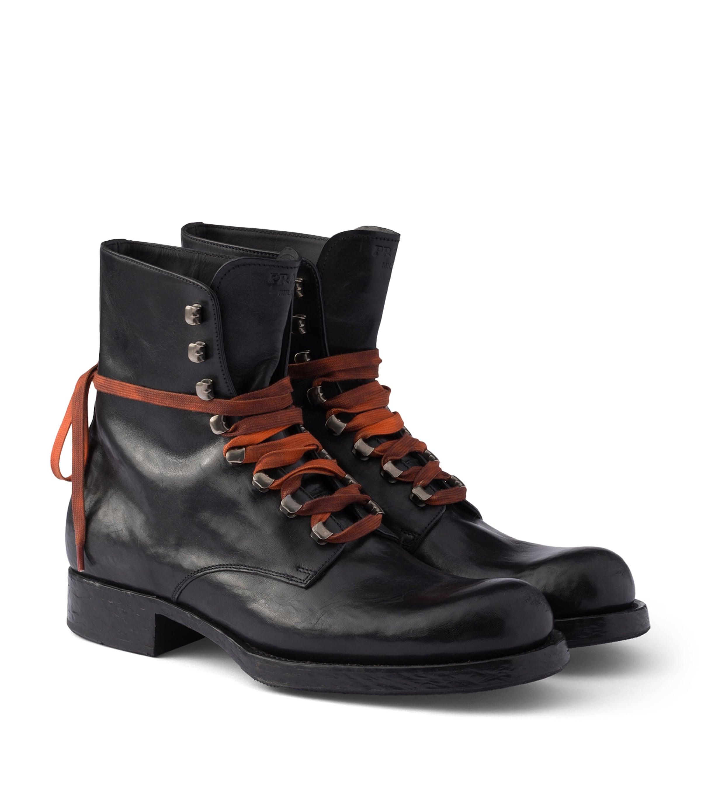 Prada Leather Lace-Up Ankle Boots Black