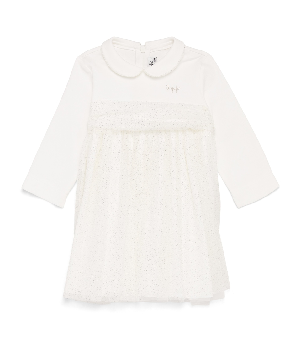 Il Gufo Tulle-Trim Logo Dress (6 Months-6 Years) Milk
