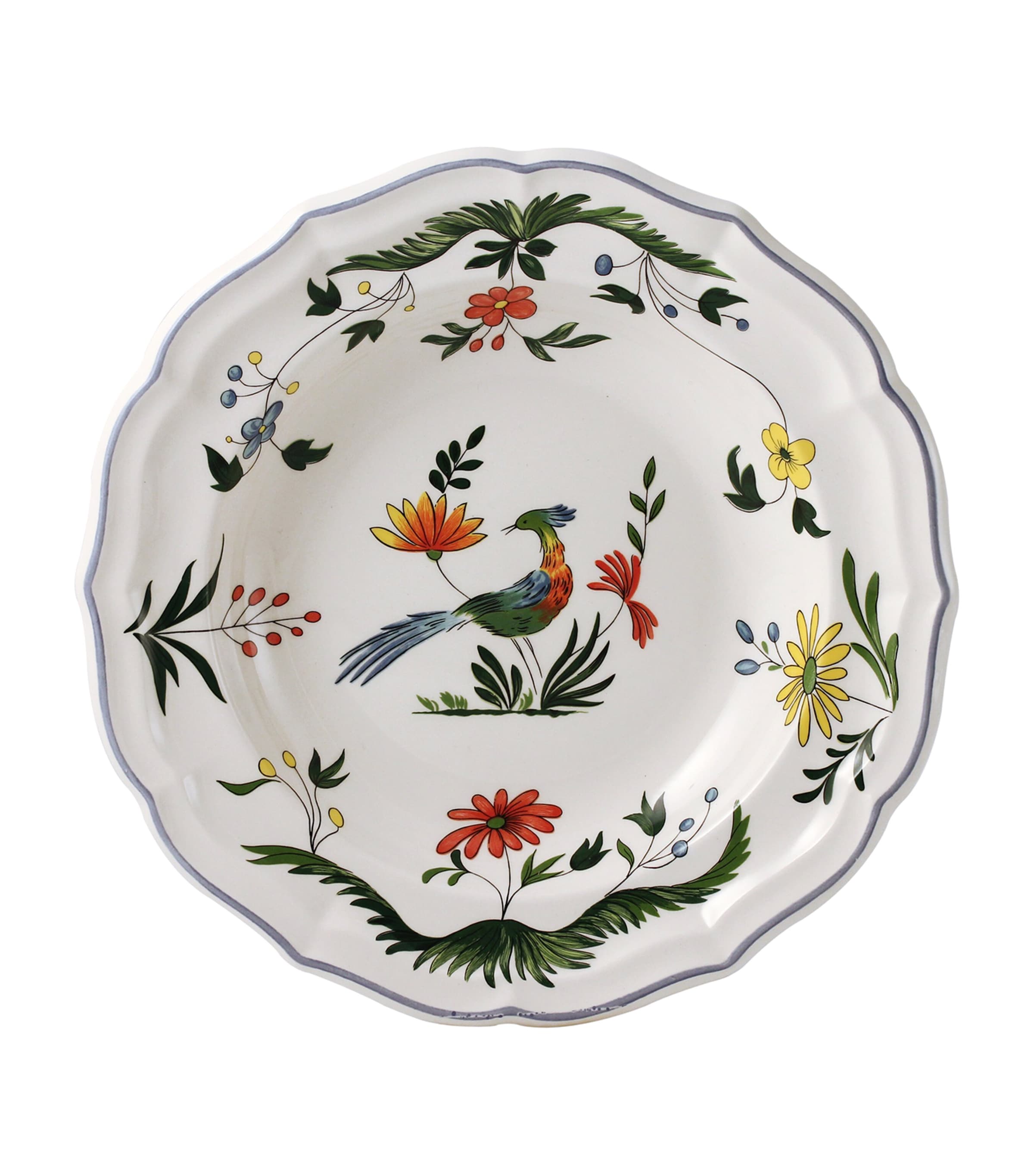 Gien Set of 4 Oiseaux de Paradis Soup Plates White, Blue, Green