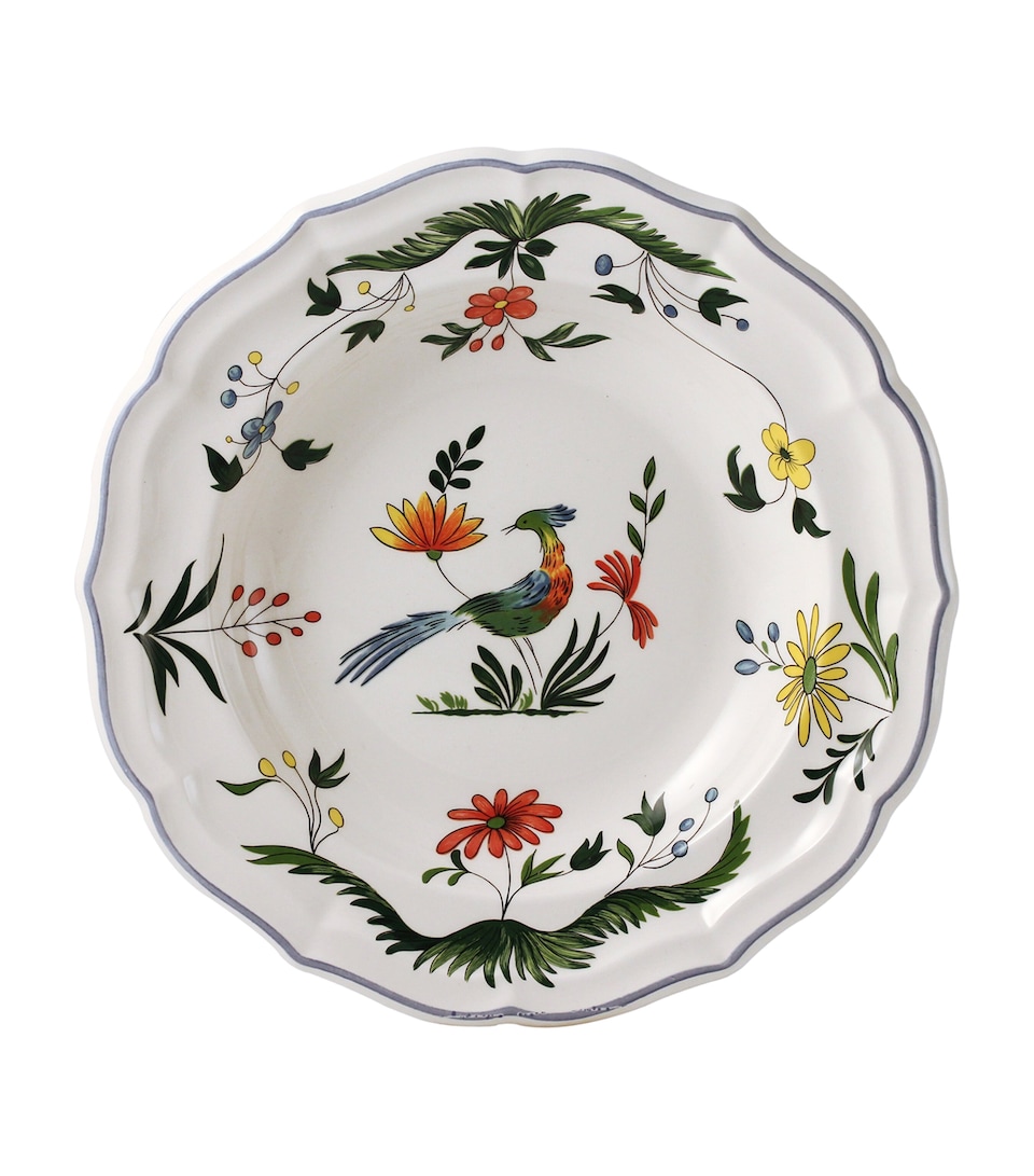 Gien Set of 4 Oiseaux de Paradis Soup Plates White, Blue, Green