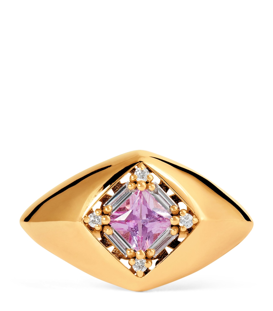 Rose Gold, Diamond and Sapphire Princess Signet Ring (Size 6)