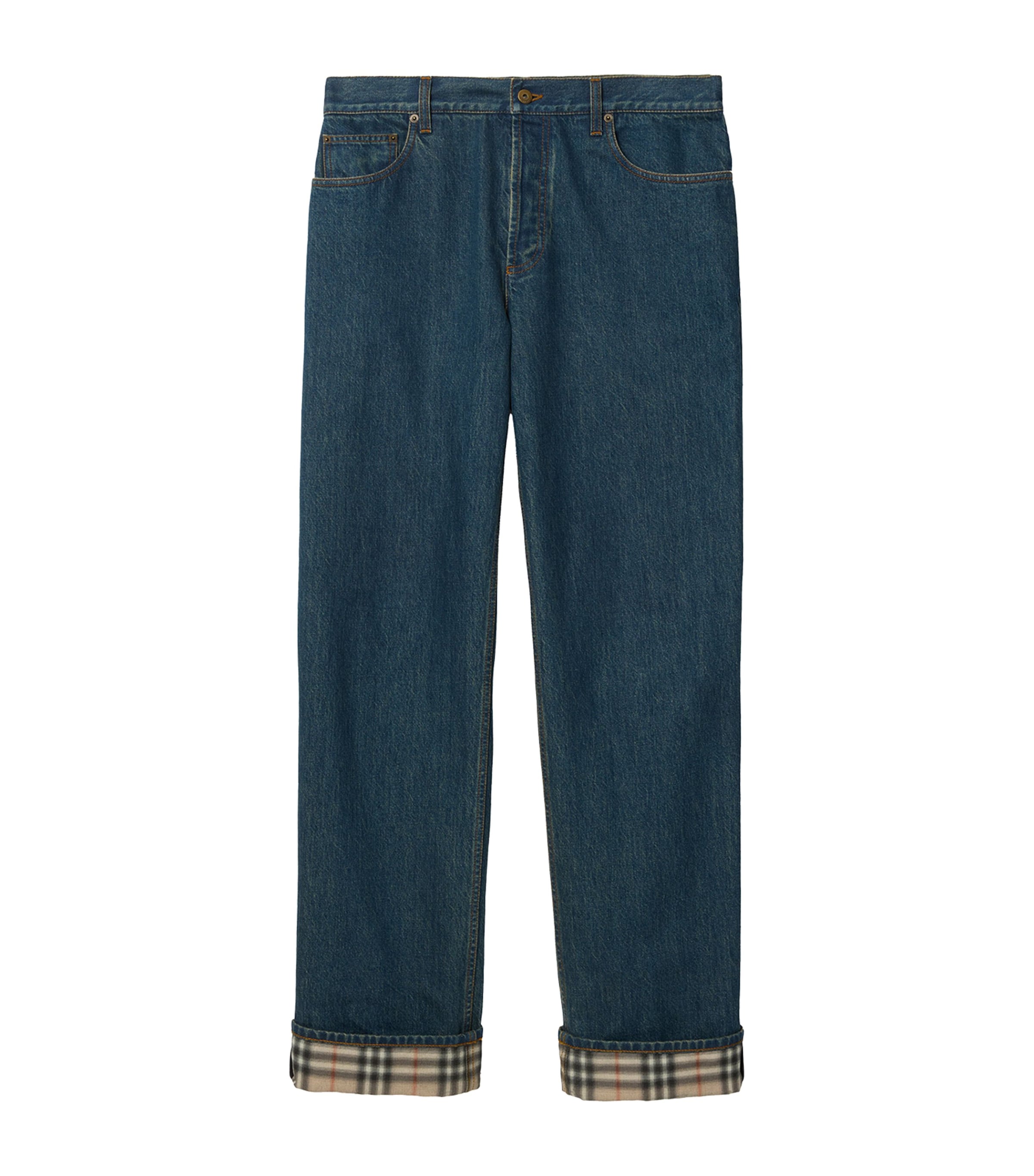 Burberry Mens Check Turn-Up Straight Jeans Mid Blue