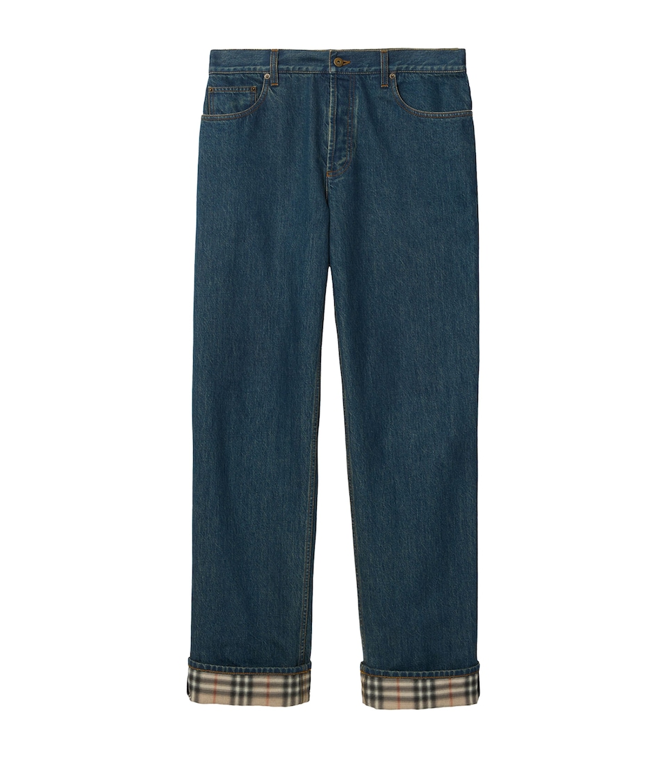 Burberry Mens Check Turn-Up Straight Jeans Mid Blue