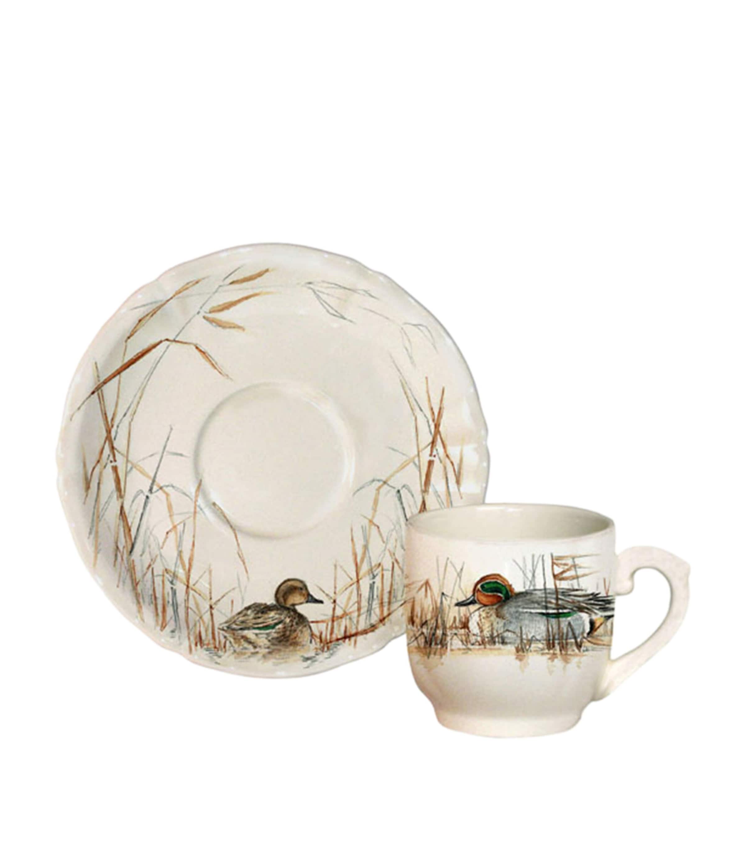 Gien Set of 2 Sologne Coffee Cups and Saucers (14cm) White, Brown