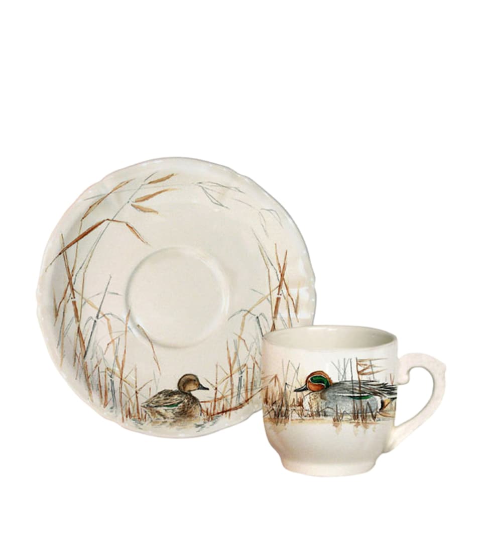 Gien Set of 2 Sologne Coffee Cups and Saucers (14cm) White, Brown