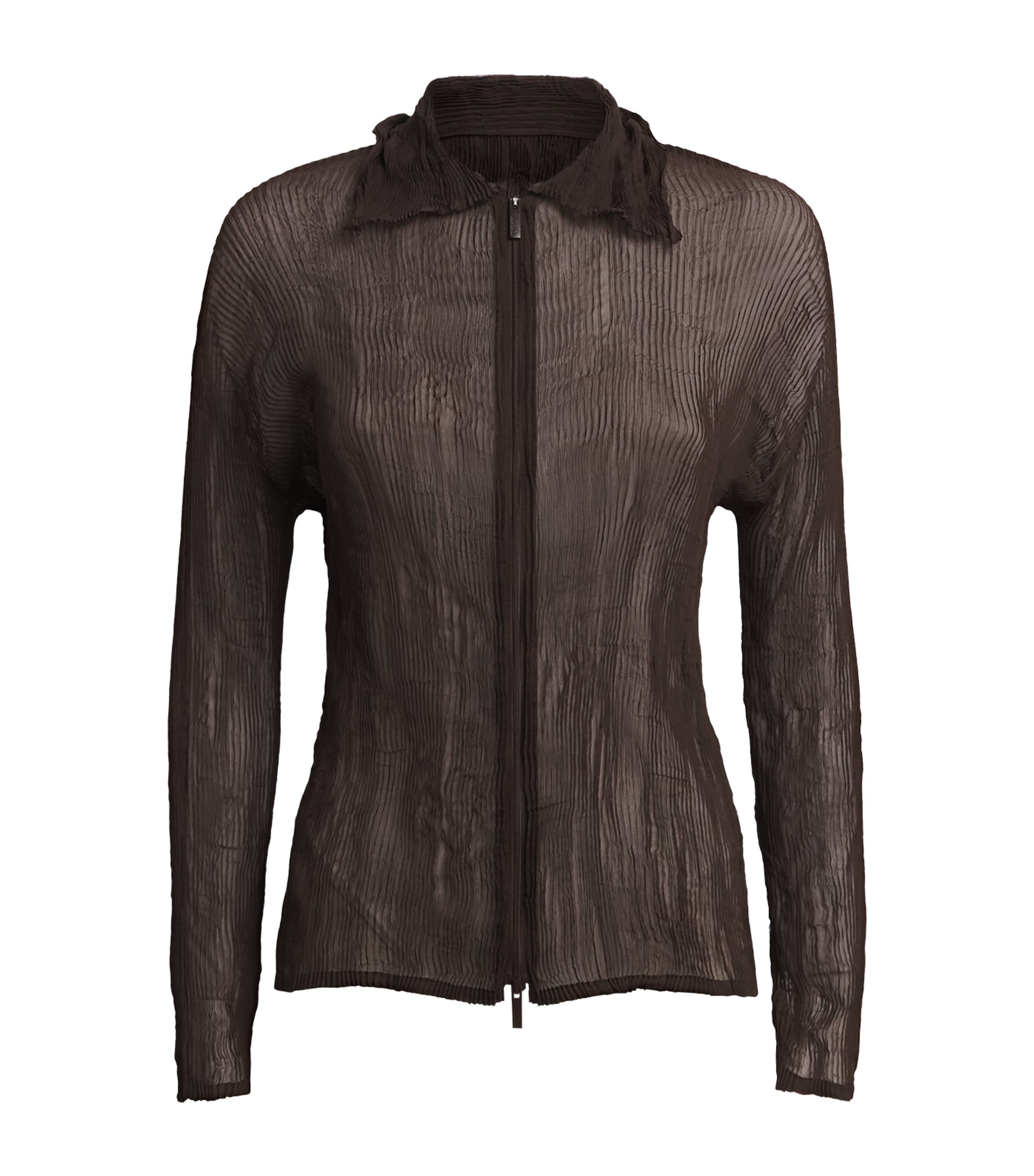 Issey Miyake Womens Chiffon Twist 1 Pleats Zip Cardigan Dark Brown