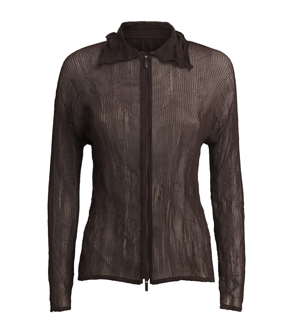 Issey Miyake Womens Chiffon Twist 1 Pleats Zip Cardigan Dark Brown