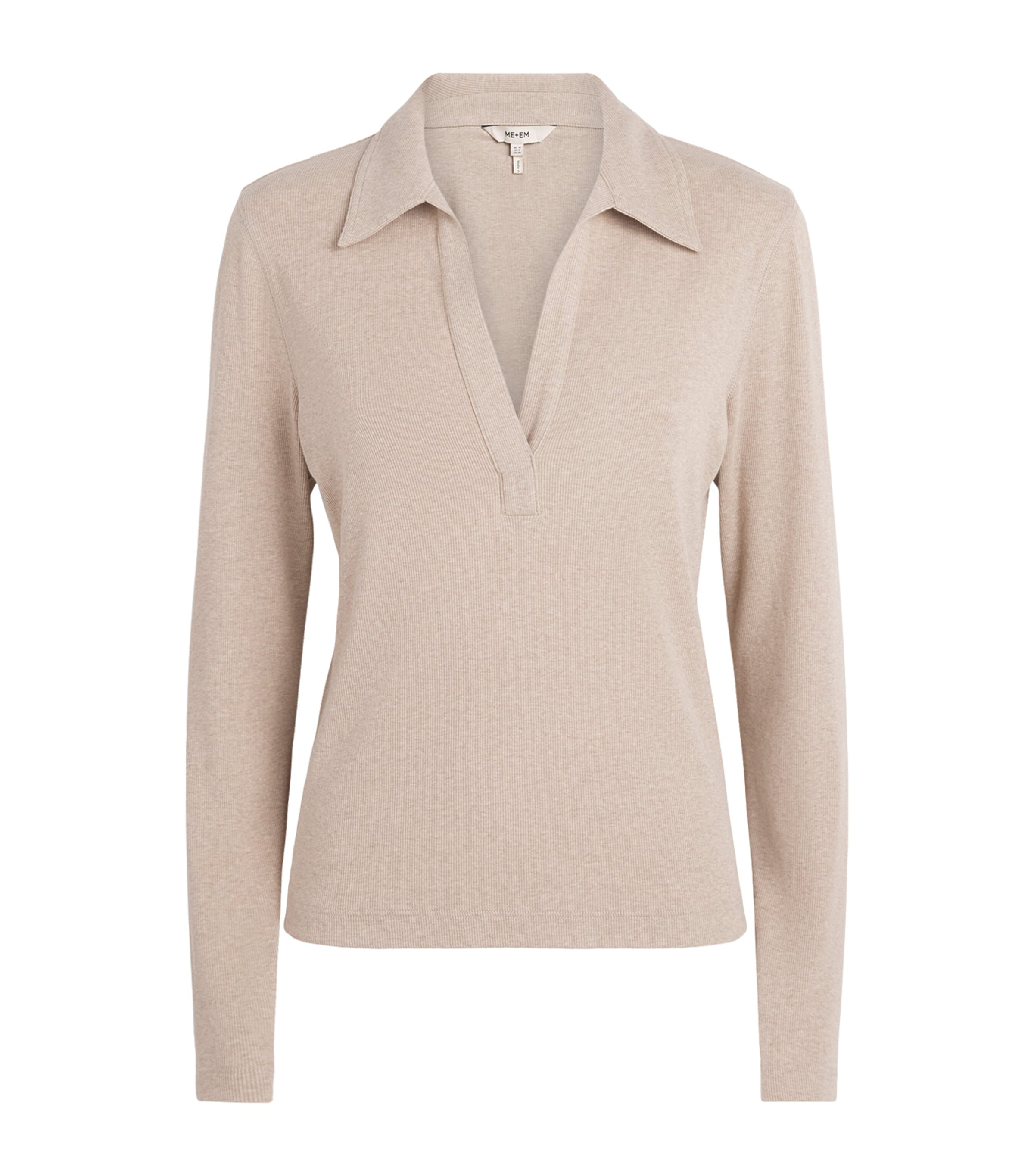 ME+EM Womens Ribbed Long-Sleeve Polo Sweater Pebble Brown Melange
