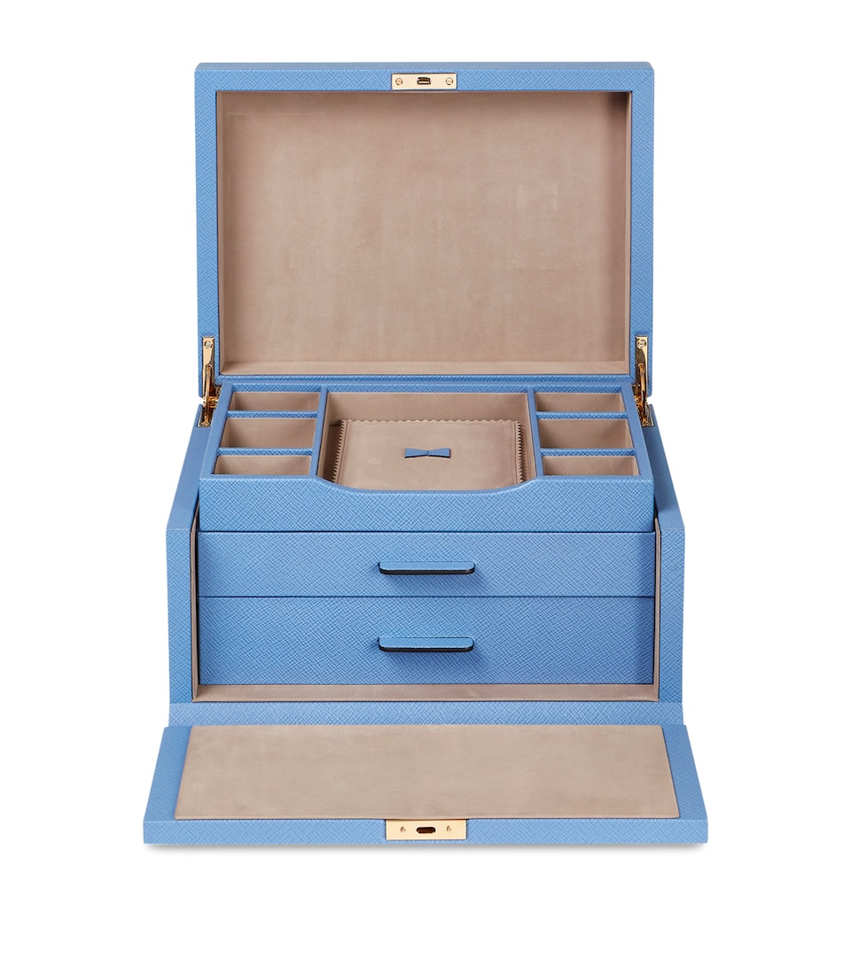 Smythson Leather Panama Jewellery Box Nile Blue