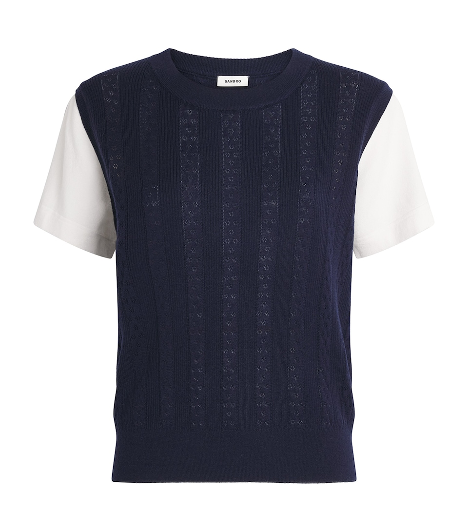 Sandro Paris Womens Pointelle Layered Sweater Navy Blue