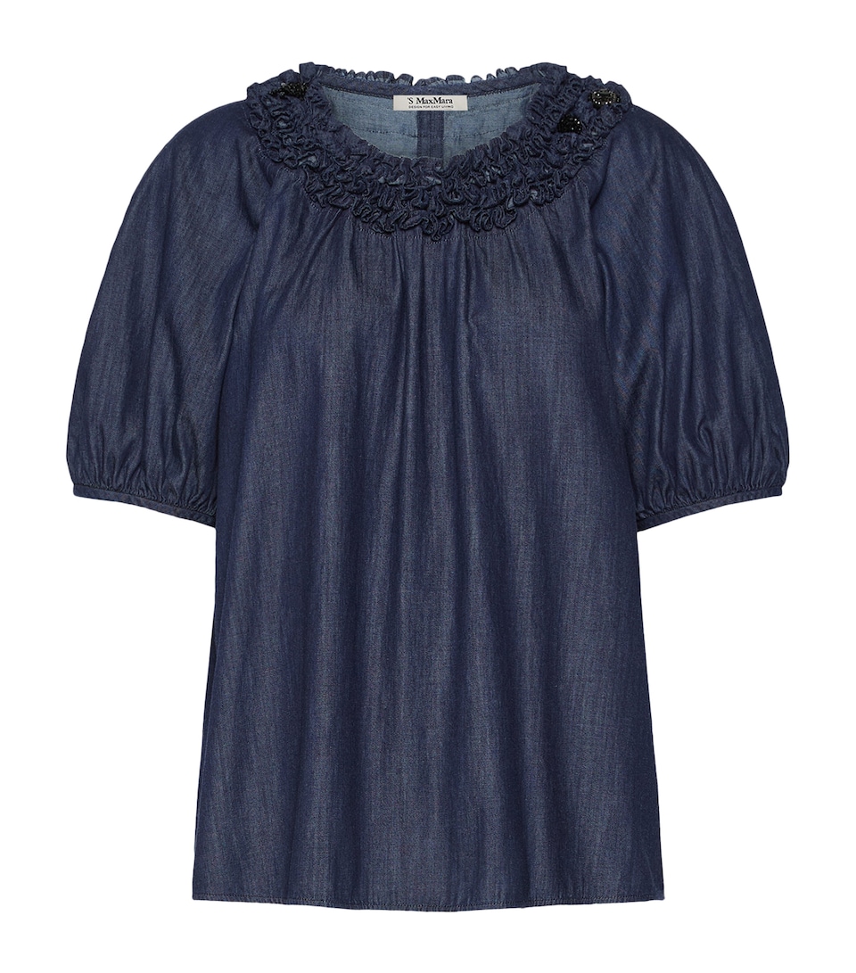 Max Mara Womens Denim Ruffled Neckline Blouse Midnightblue