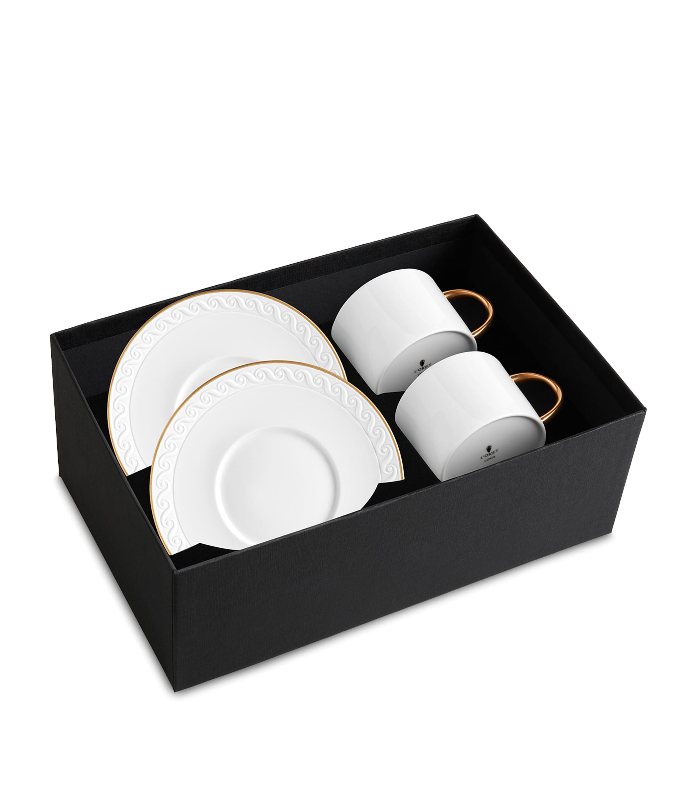 L'Objet Set of 2 Porcelain and Gold Neptune Teacup and Saucers Gold