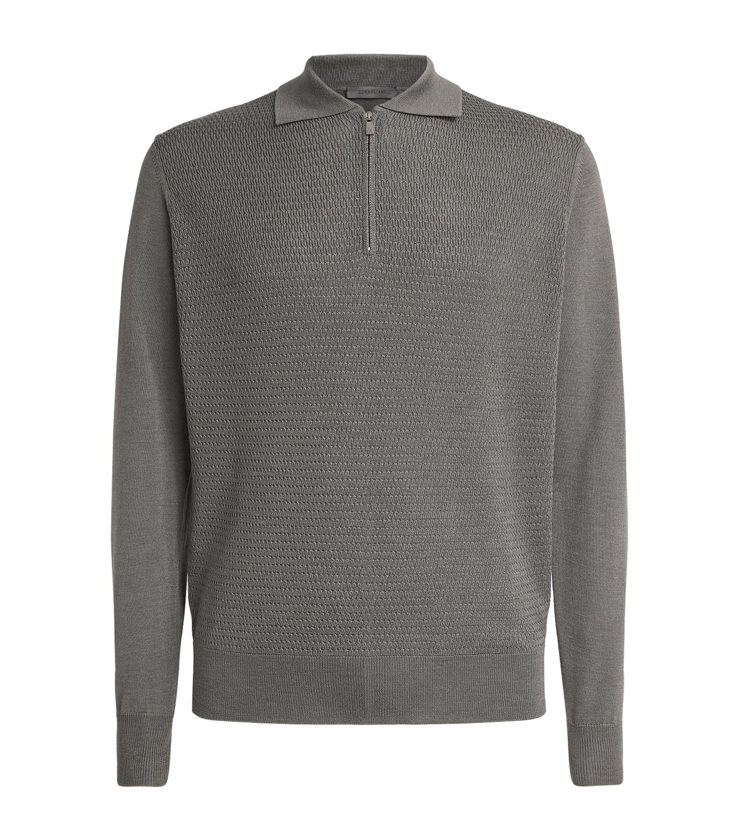 Corneliani Mens Virgin Wool Quarter-Zip Polo Sweater Green Coloured