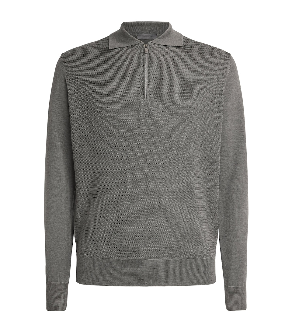 Corneliani Mens Virgin Wool Quarter-Zip Polo Sweater Green Coloured