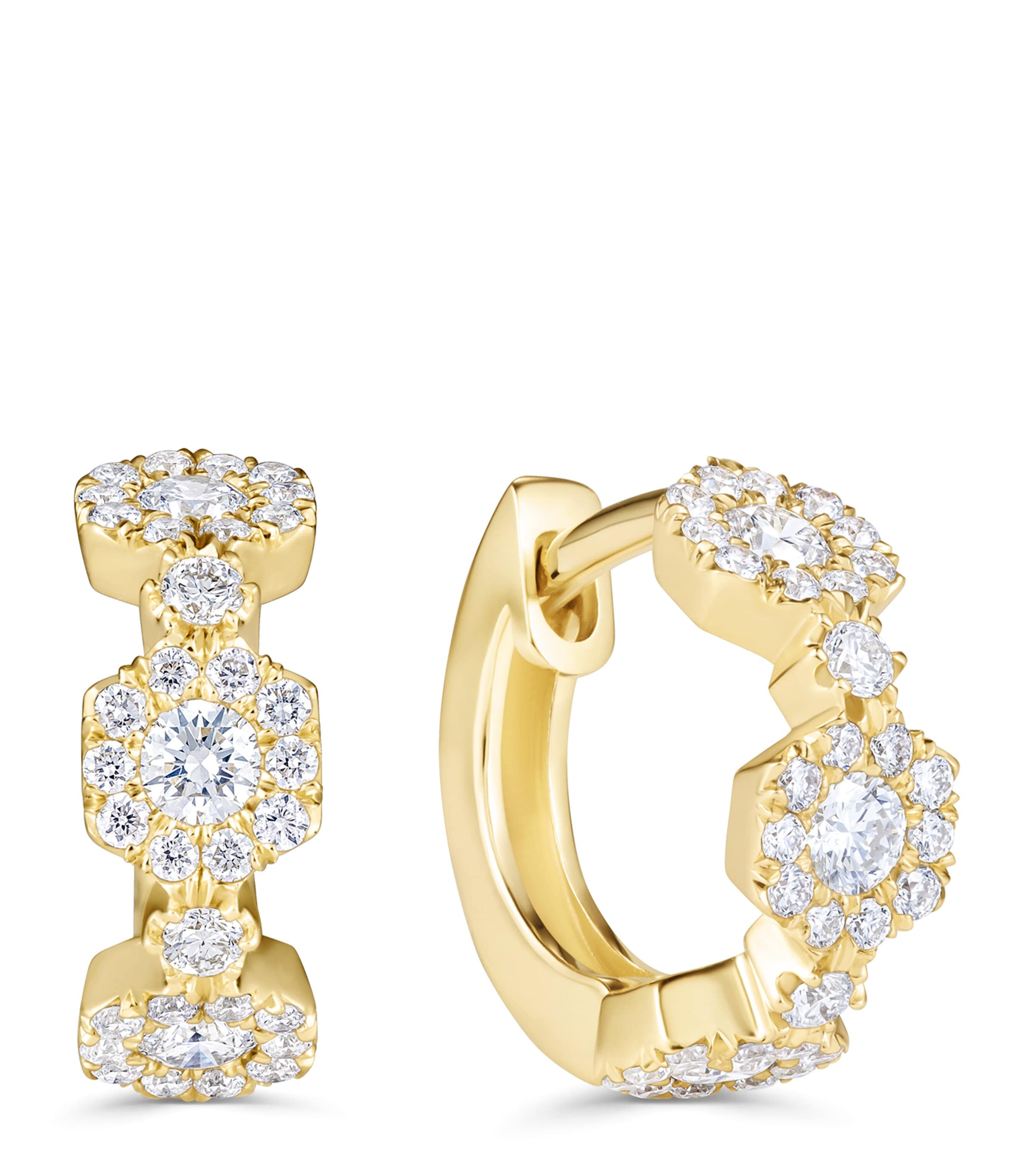 David Morris Yellow Gold and Diamond Triolette Hexagon Huggie Earrings Clear