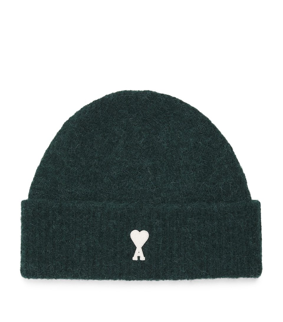 AMI Paris Wool-Blend Ami de Coeur Beanie Vert Btlle/ecru