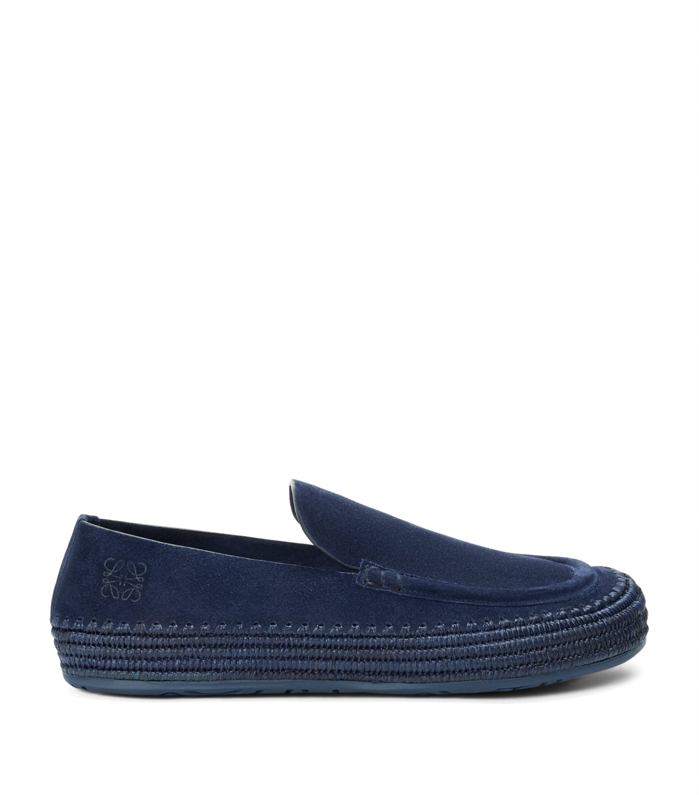 LOEWE x Paula's Ibiza Suede-Raffia Rio Loafers Ink Blue