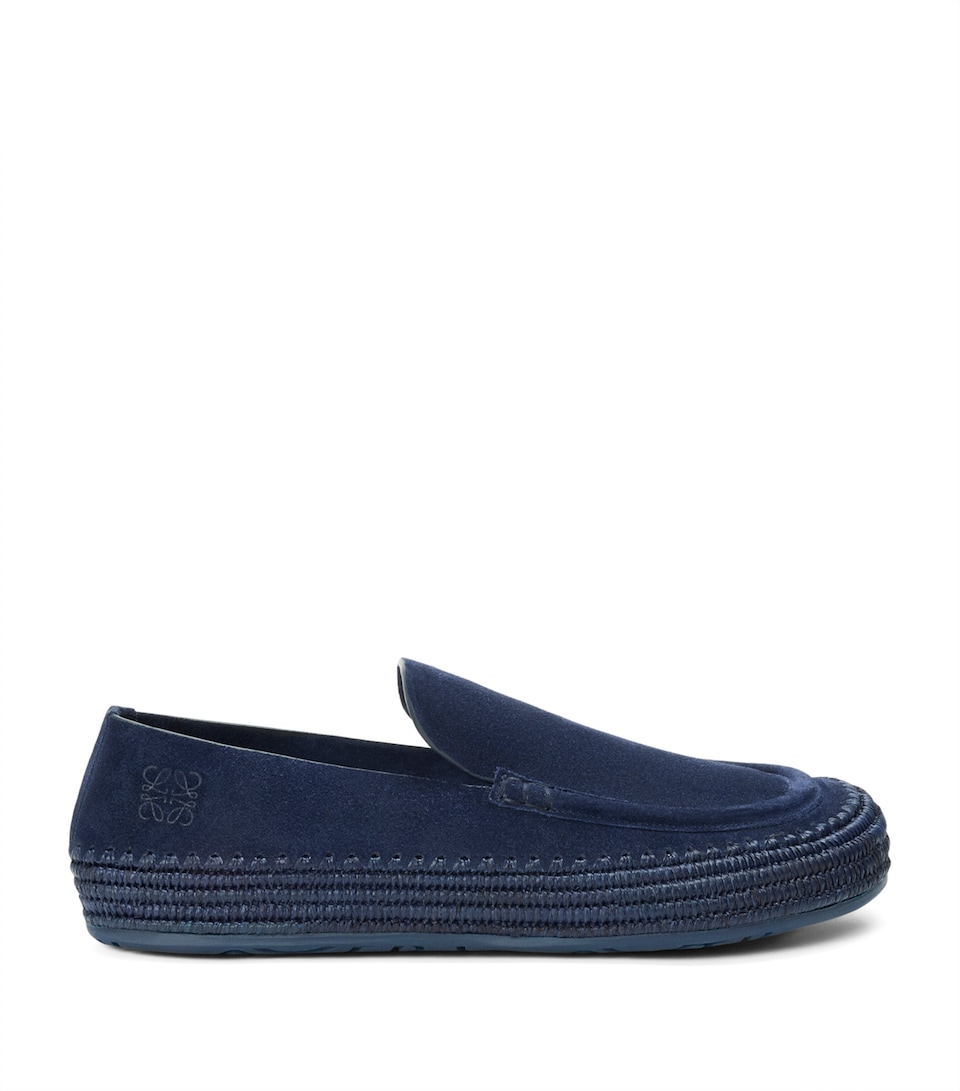 LOEWE x Paula's Ibiza Suede-Raffia Rio Loafers Ink Blue