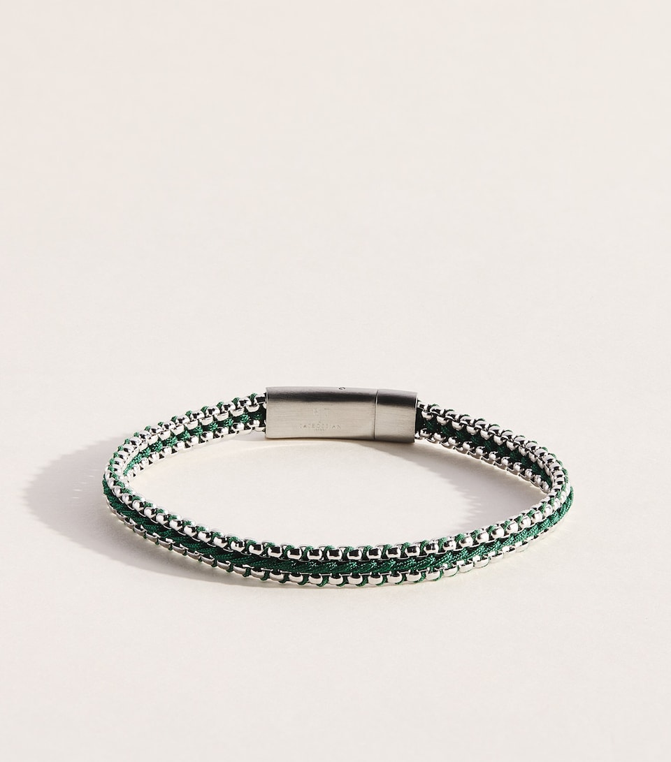 Tateossian Sterling Silver Woven Tris Bracelet Green