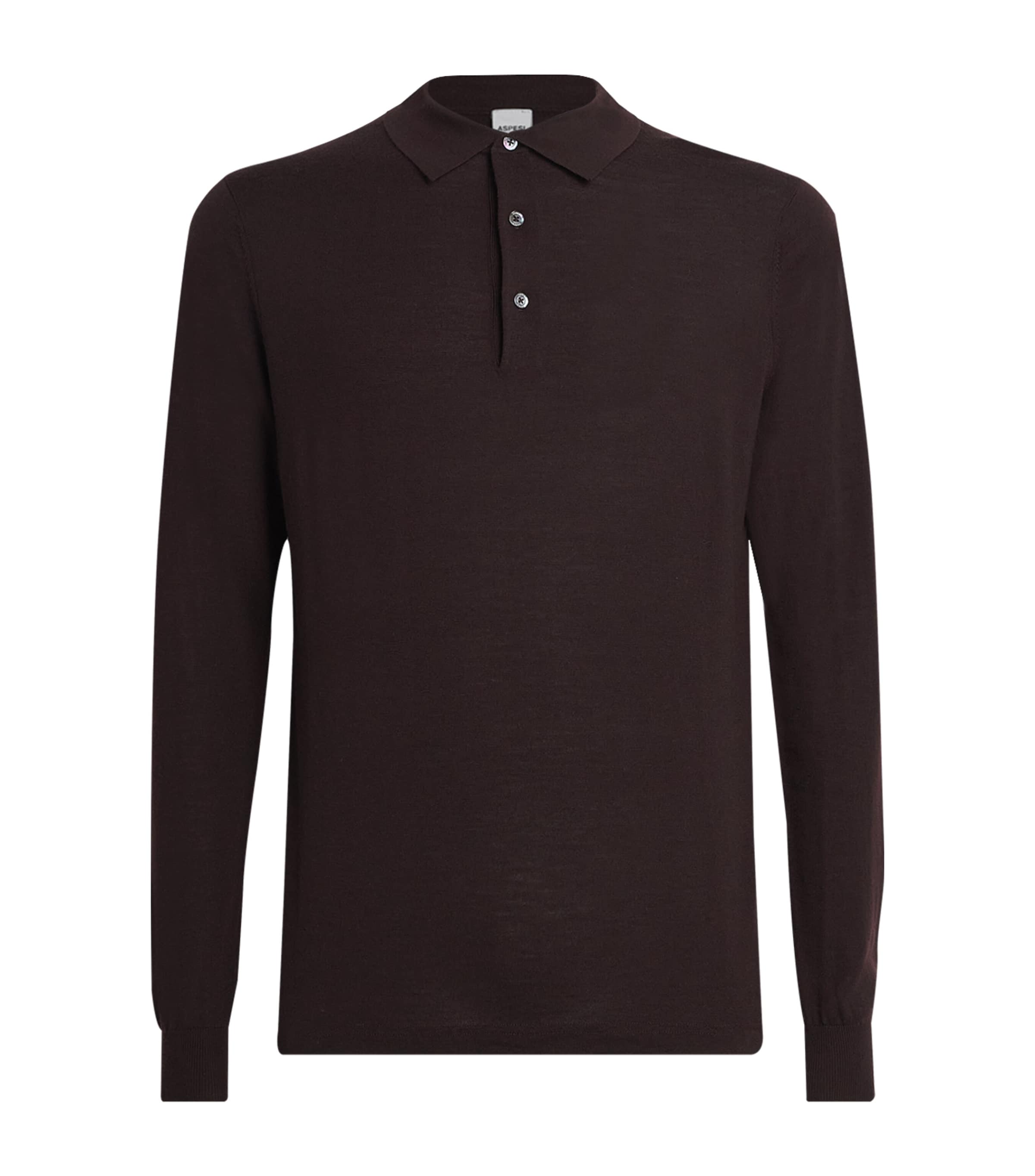 Aspesi Mens Virgin Wool Long-Sleeve Polo Shirt Marrone