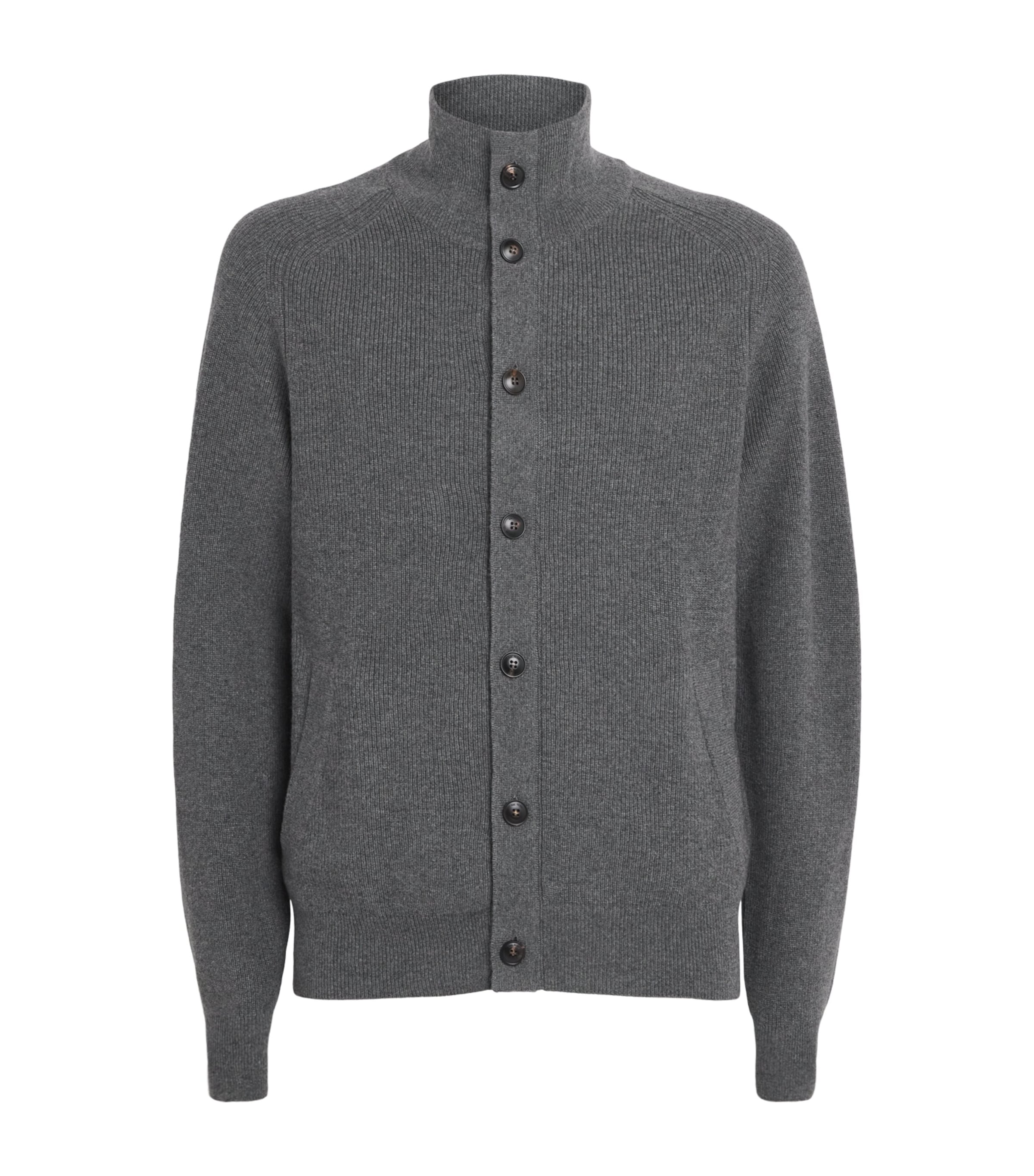 Pal Zileri Mens Wool-Silk-Cashmere High-Neck Cardigan Grey