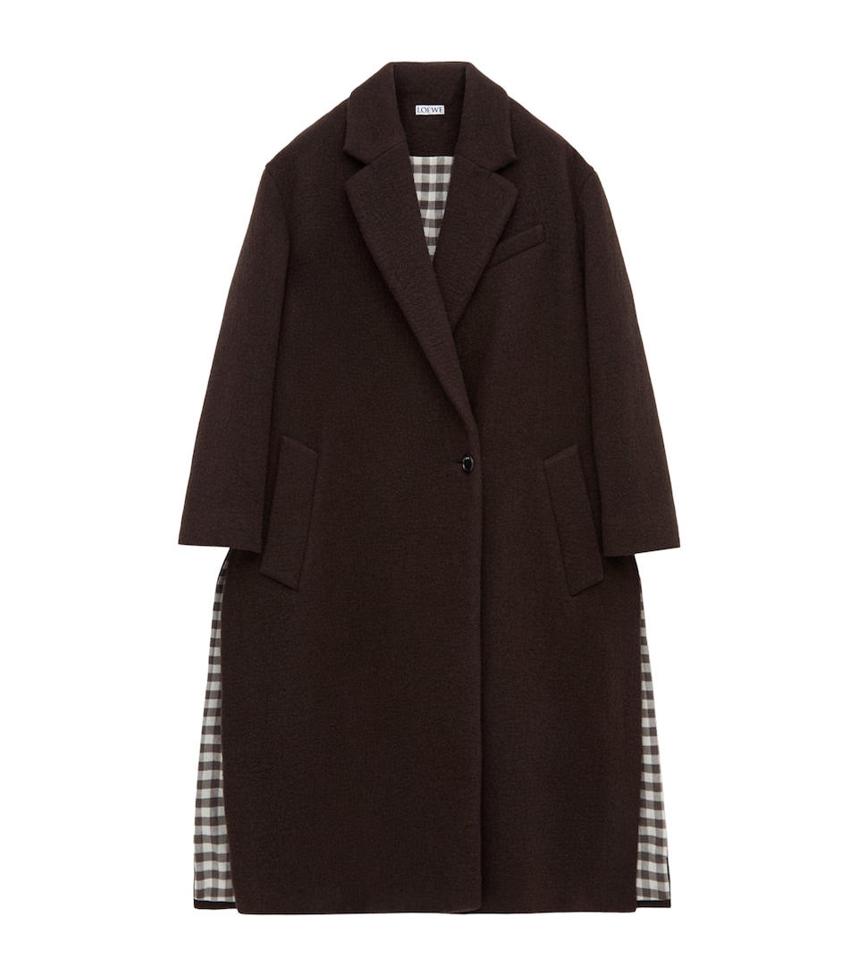 LOEWE Womens Cashmere Gingham-Lined Coat Brown
