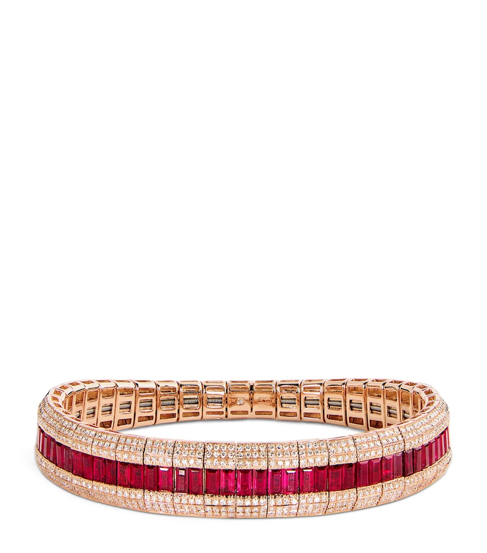 Yellow Gold, Diamond and Ruby Pavé Stretch Bracelet