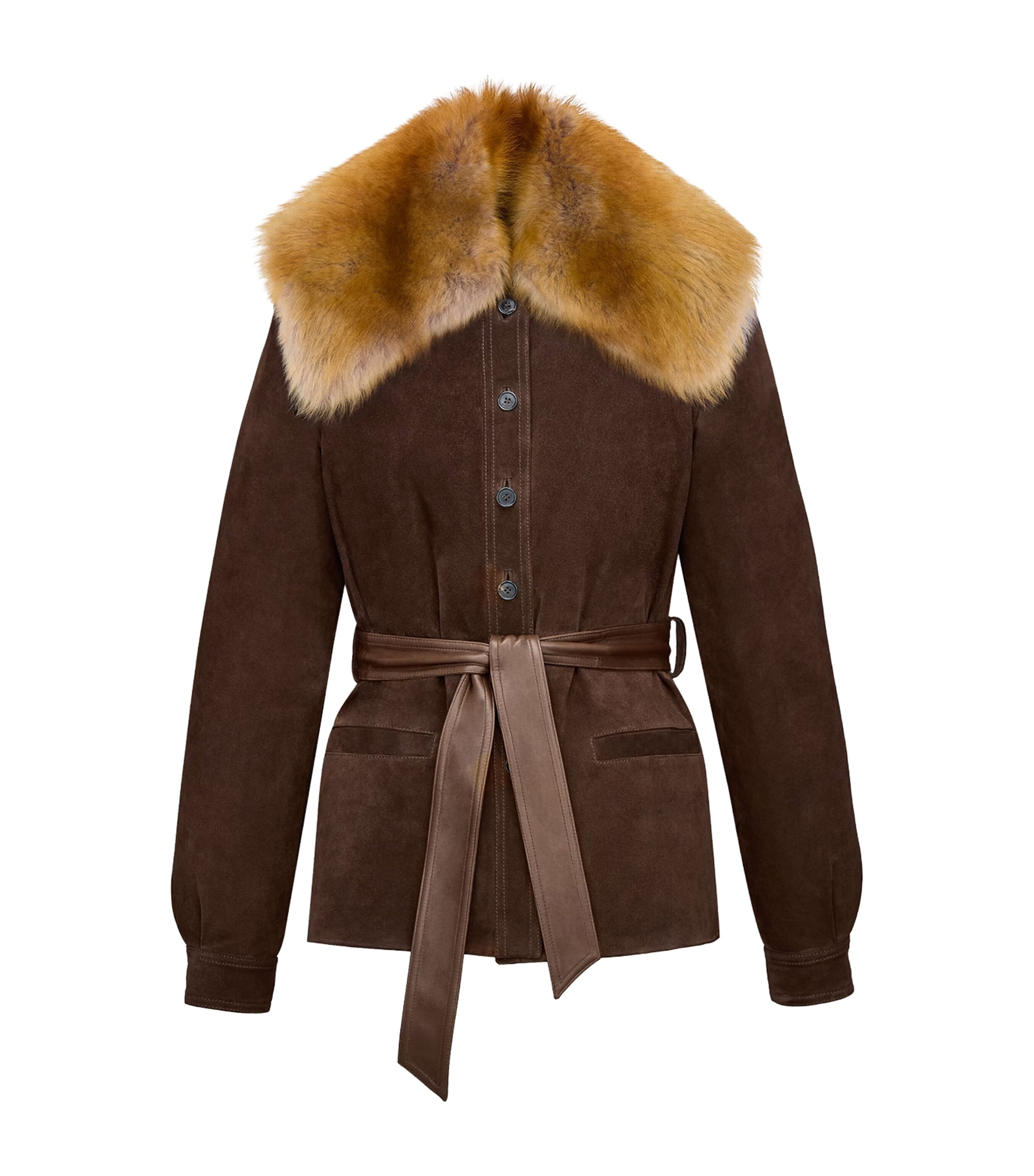 Saint Laurent Womens Shearling-Collar Suede Jacket