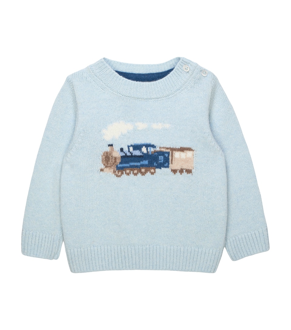 Trotters Wool-Blend Steam Train Sweater (3-24 Months) Pale Blue