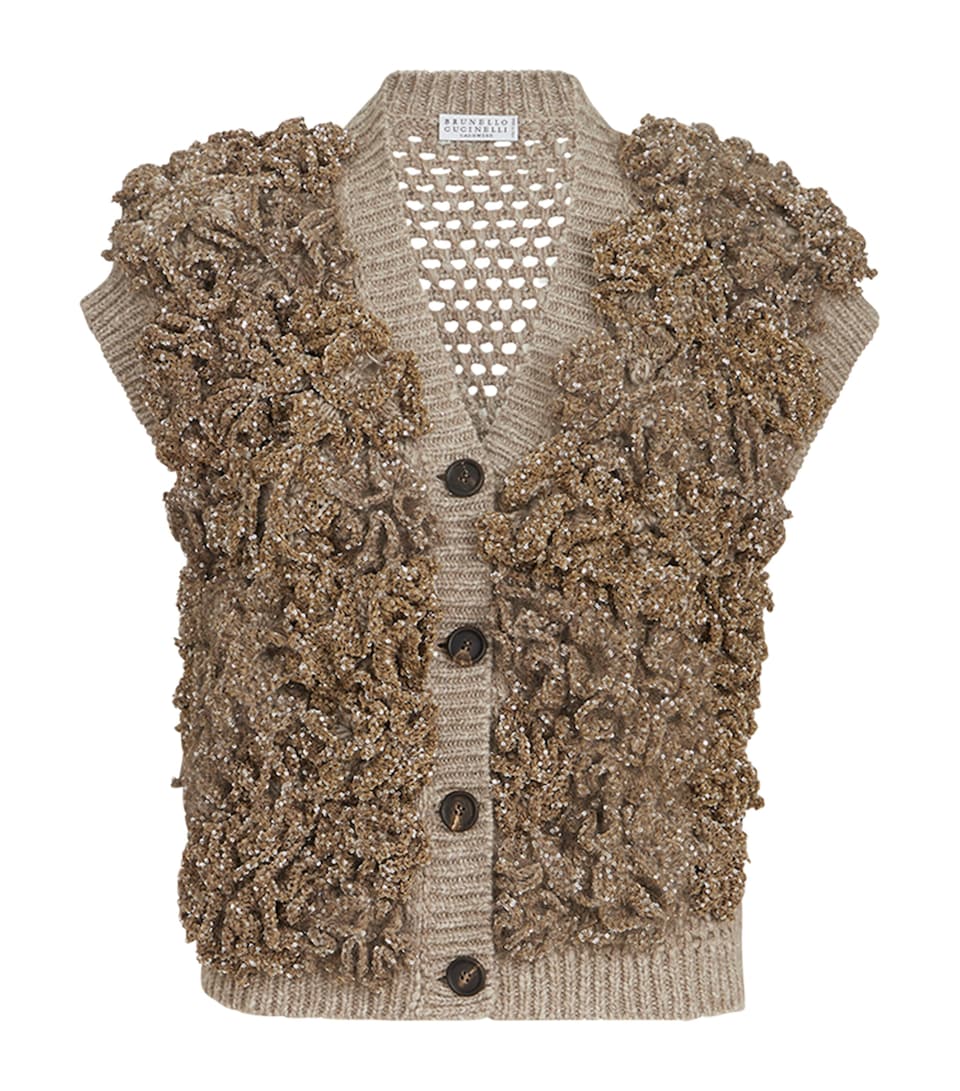 Brunello Cucinelli Womens Dazzling Blossom Opera Sweater Vest Beige+brown