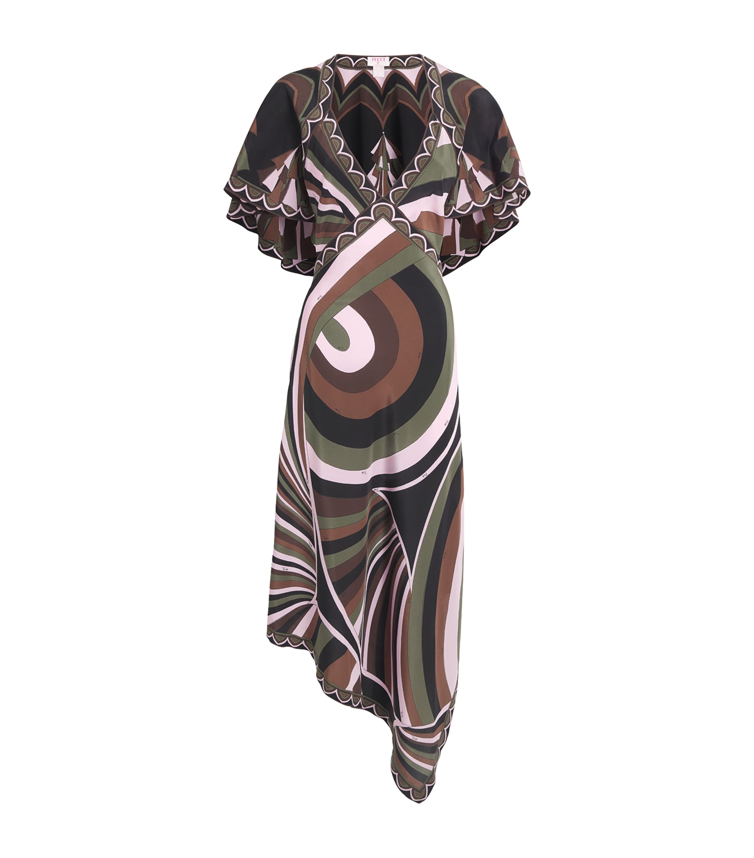PUCCI Womens Silk Printed V-Neck Midi Dress Khaki Pink