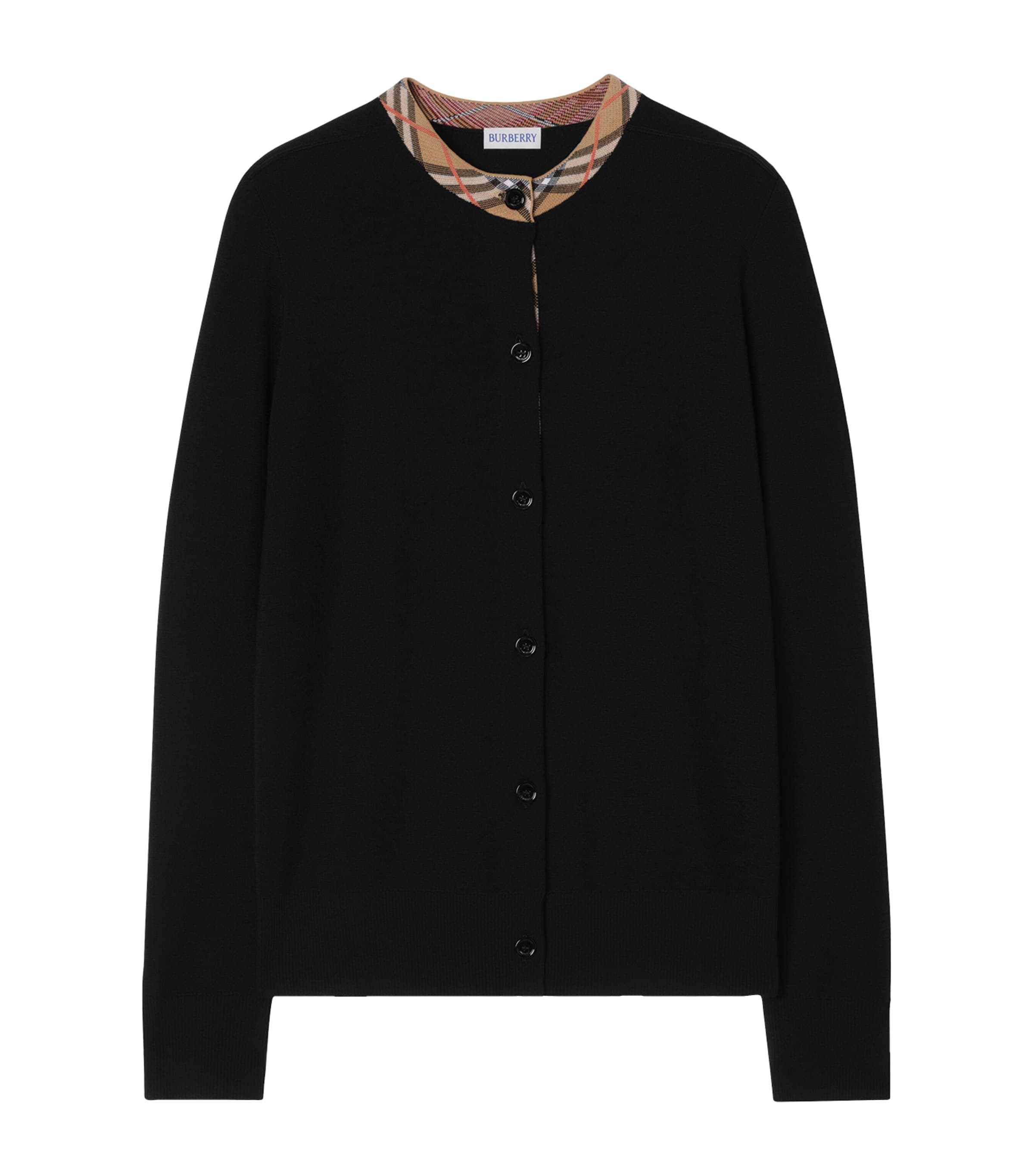 Burberry Womens Wool Check-Trim Cardigan Black