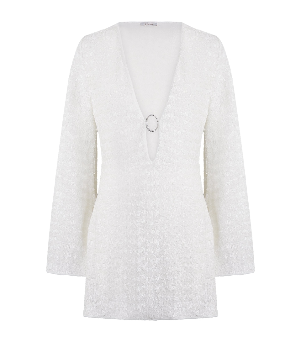 Oséree Womens Sequinned Feather-Trim Kaftan Mini Dress Pearl