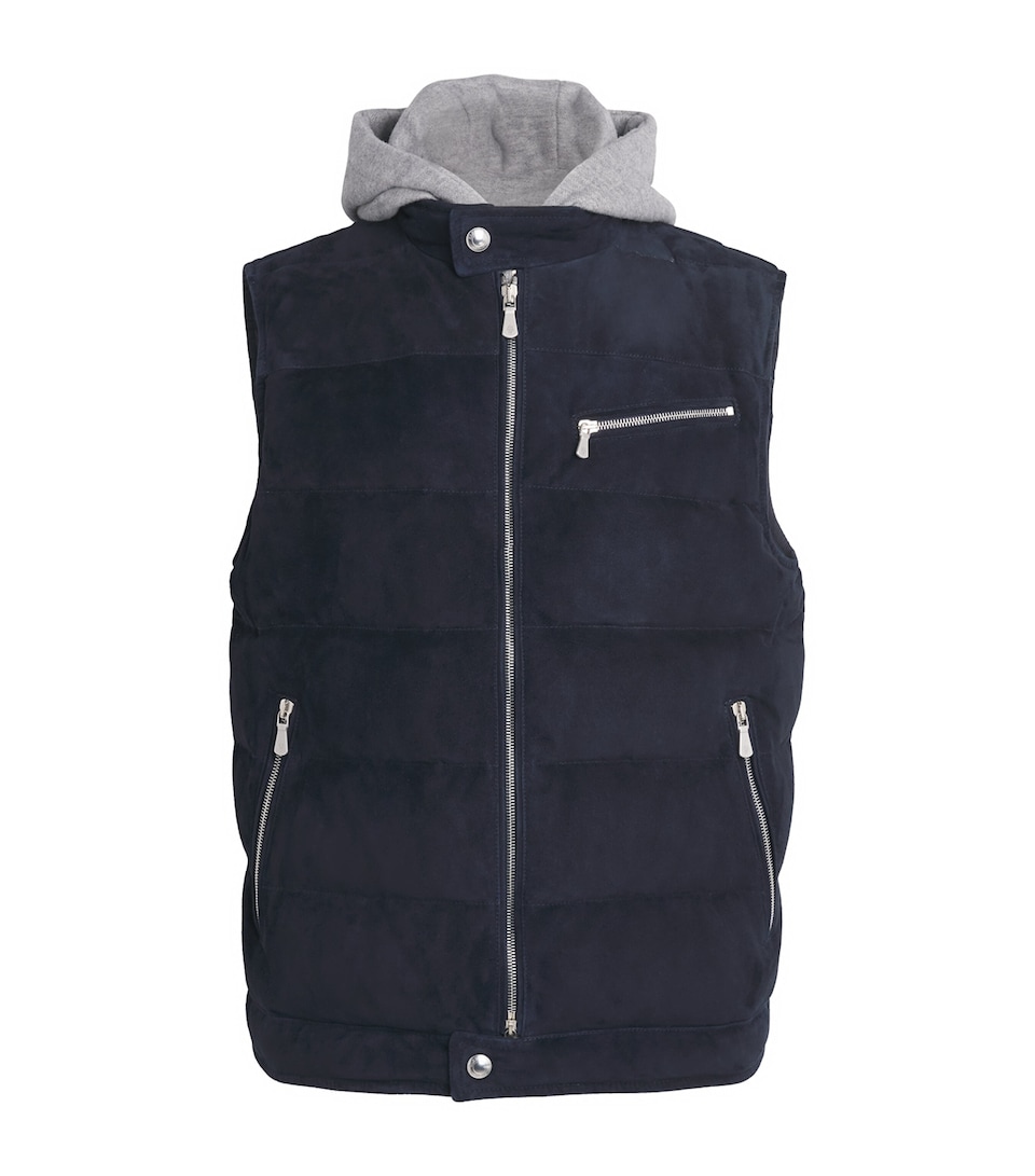 Eleventy Mens Down-Filled Suede Gilet Blu E Grigio Chiaro