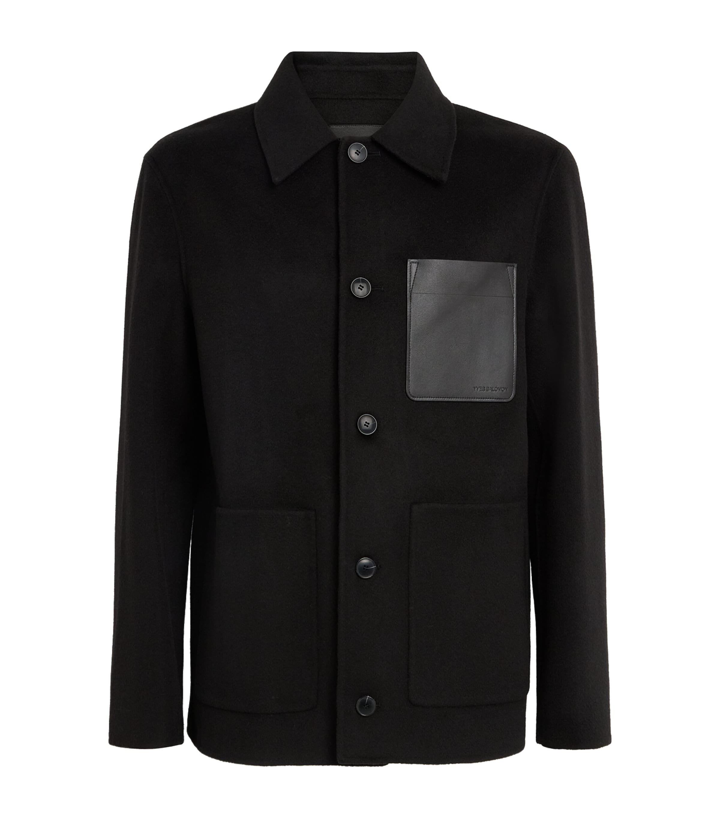 Yves Salomon Mens Wool-Cashmere Leather Patch Overshirt Noir