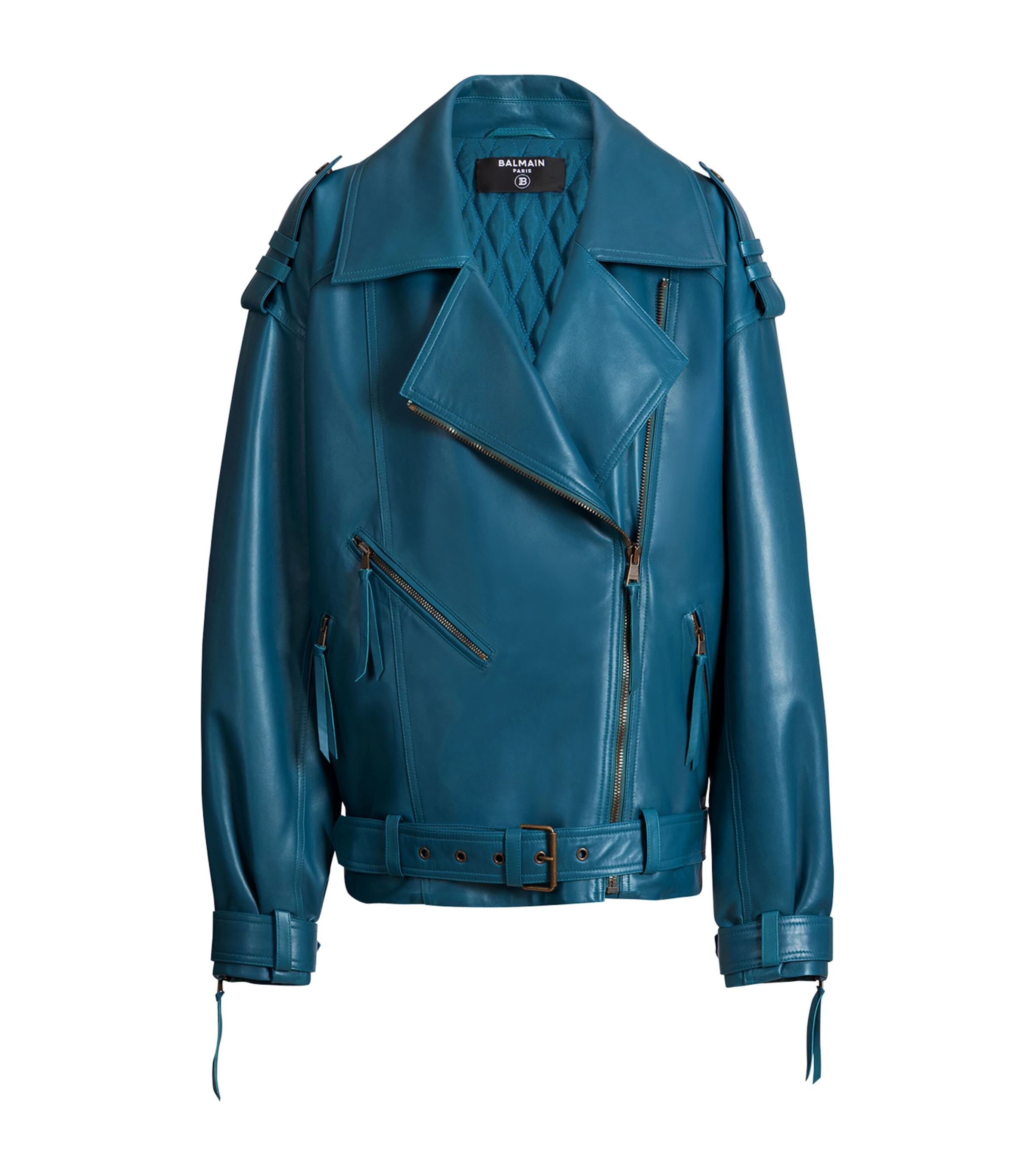 Balmain Womens Lambskin Biker Jacket Bleu Canard