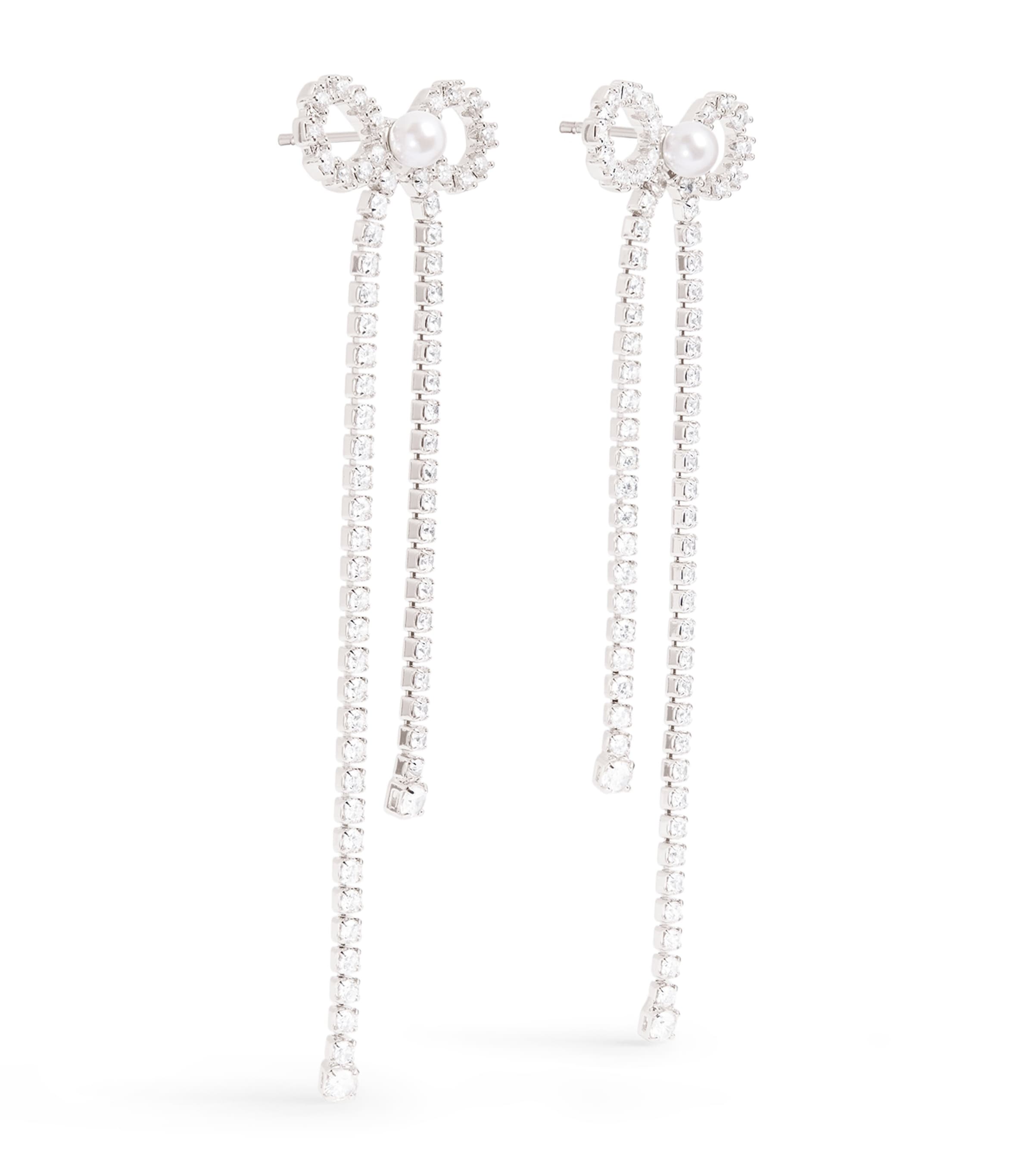 Crystal and Faux Pearl Bow Drop Earrings