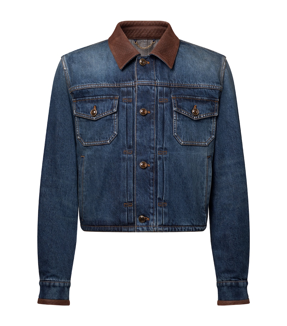 LOUIS VUITTON Mens Leather-Trim Cropped Denim Jacket Indigo Blue