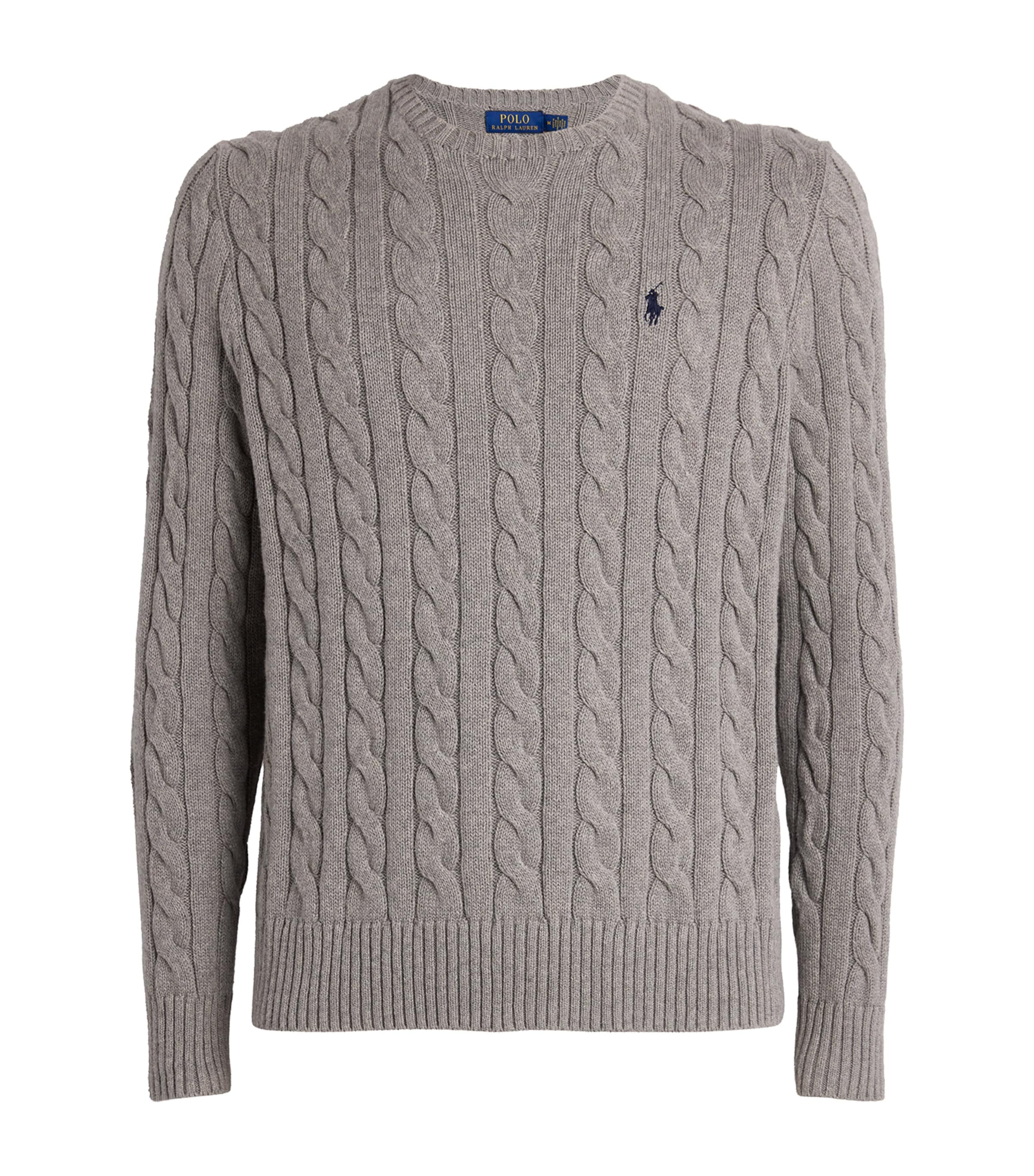 Polo Ralph Lauren Mens Cable-Knit Polo Logo Sweater Grey