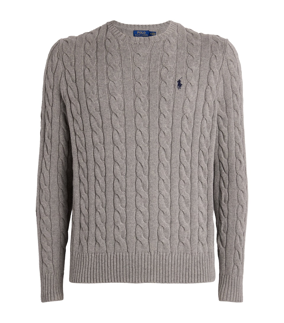 Polo Ralph Lauren Mens Cable-Knit Polo Logo Sweater Grey