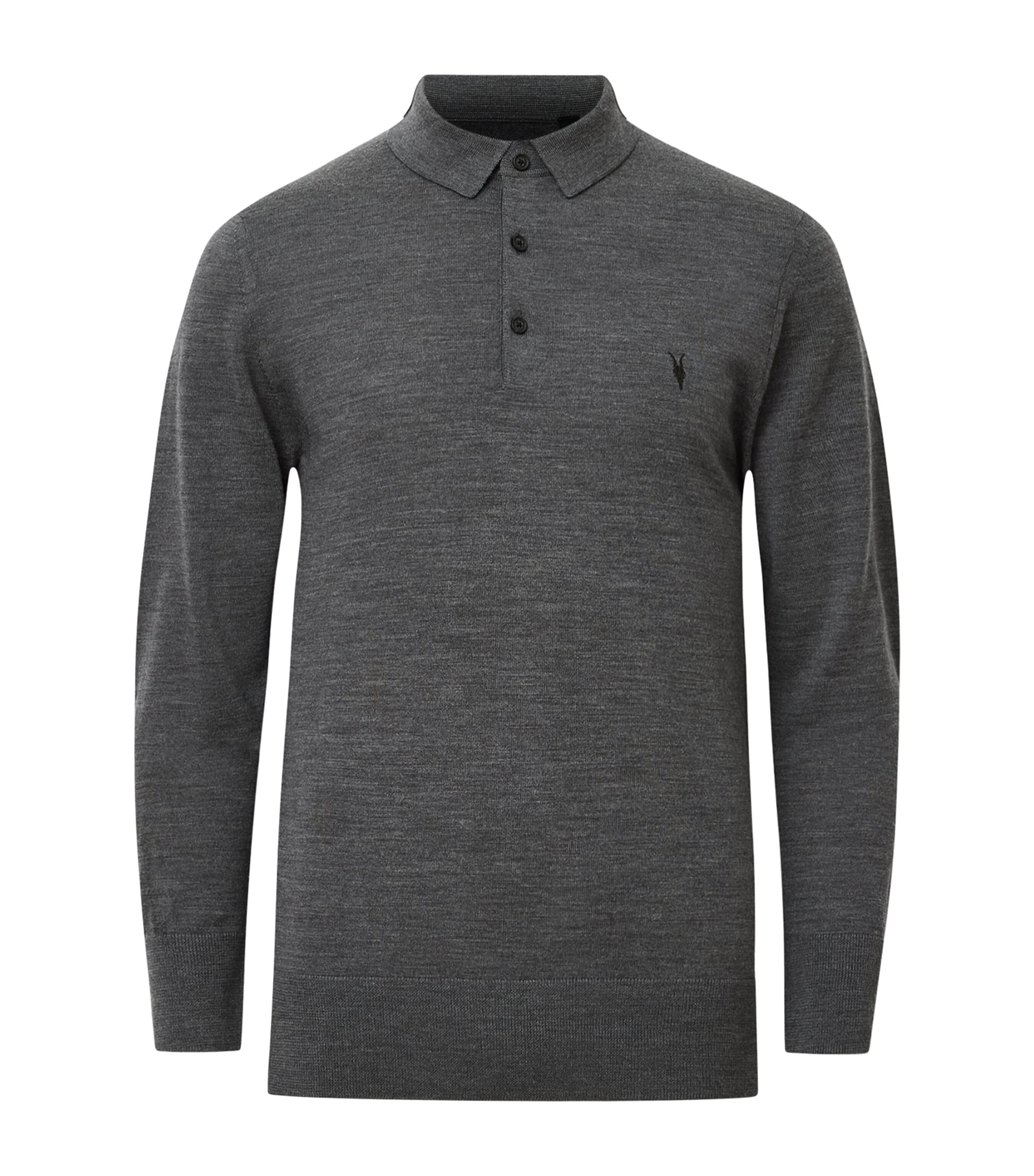 AllSaints Mens Merino Wool Mode Polo Shirt Monument Grey