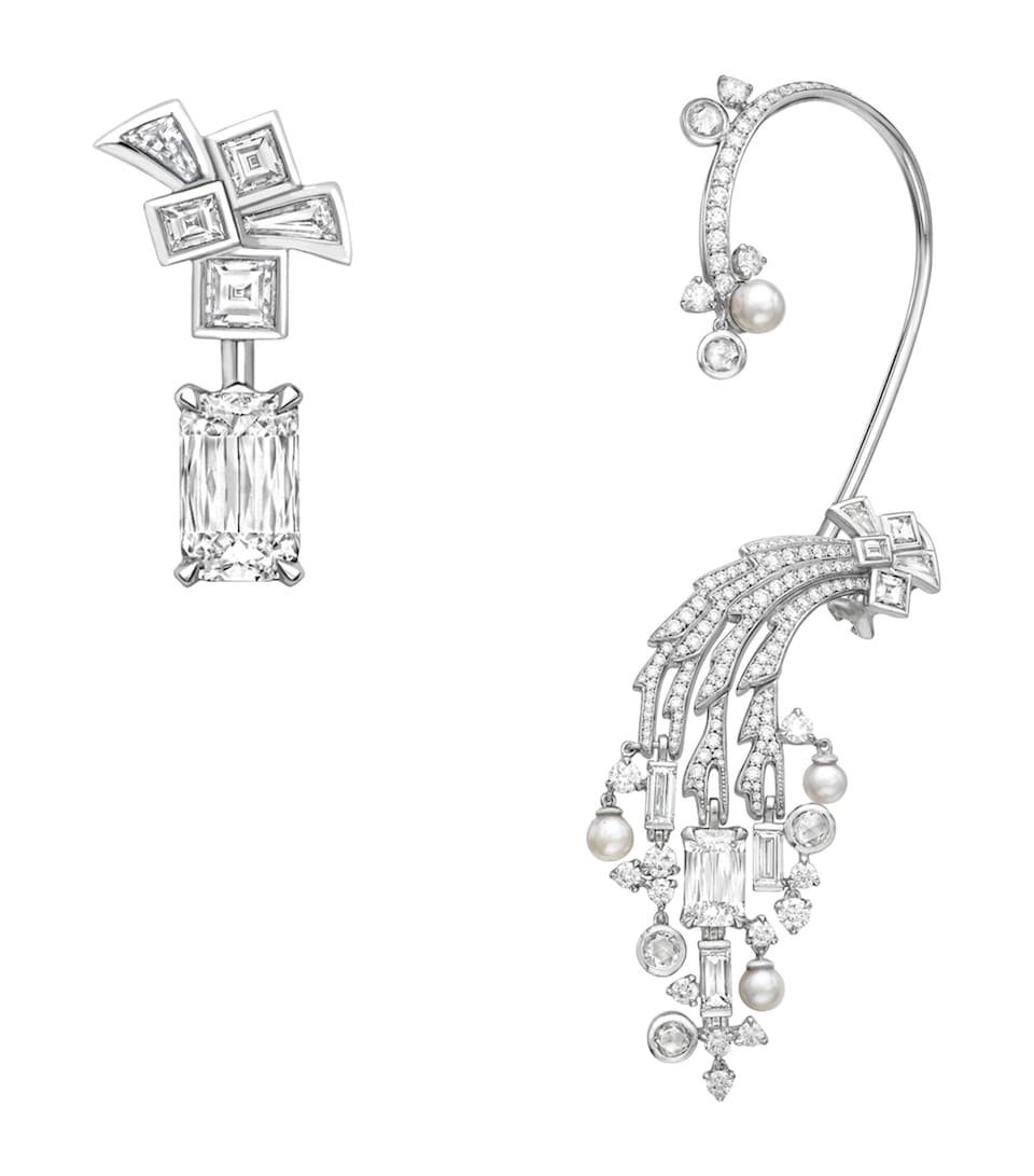 White Gold, Diamond and Pearl Victoria Falls Inside Africa Asymmetric Earrings