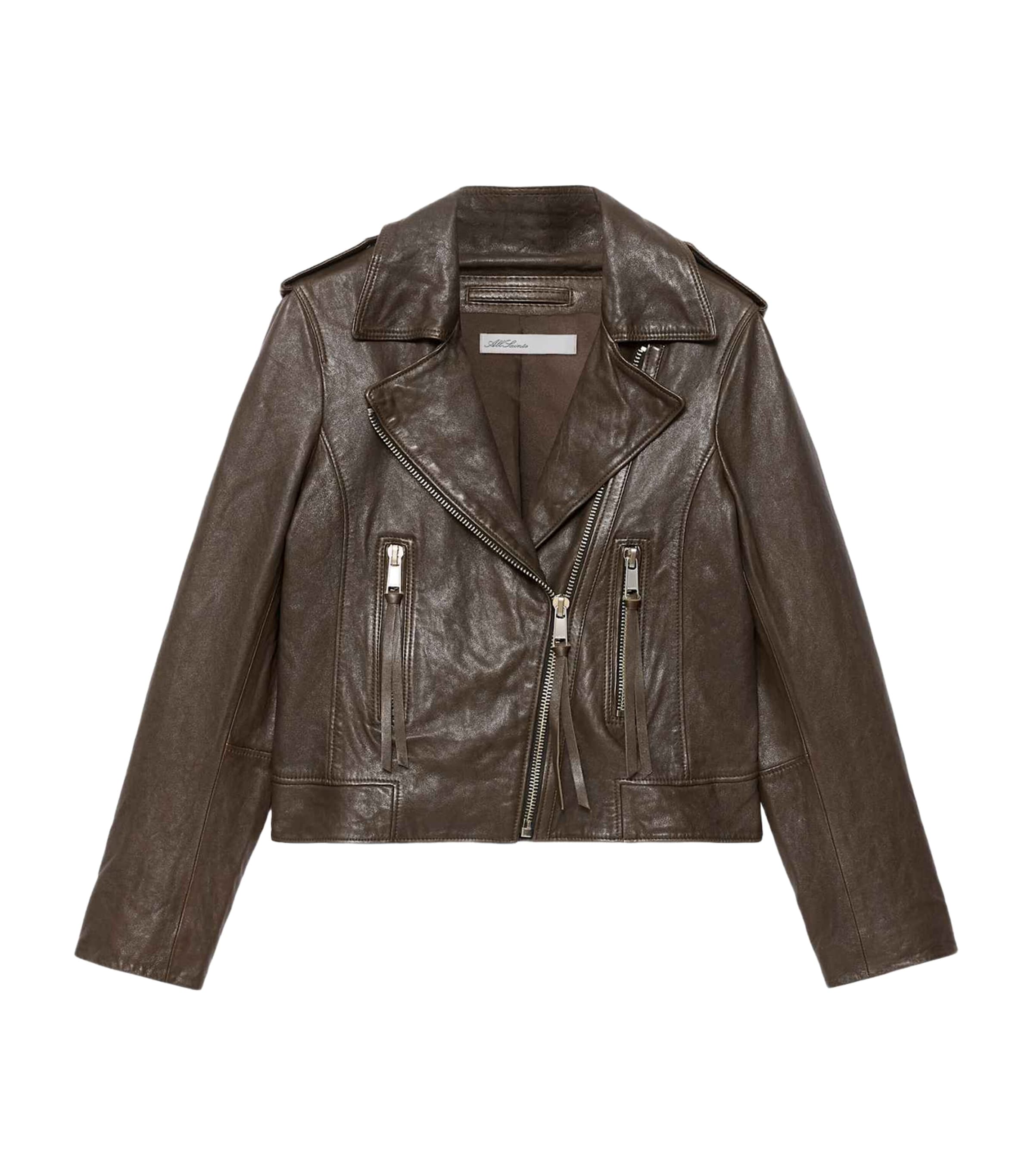 AllSaints Womens Errie Leather Biker Jacket Olive Brown